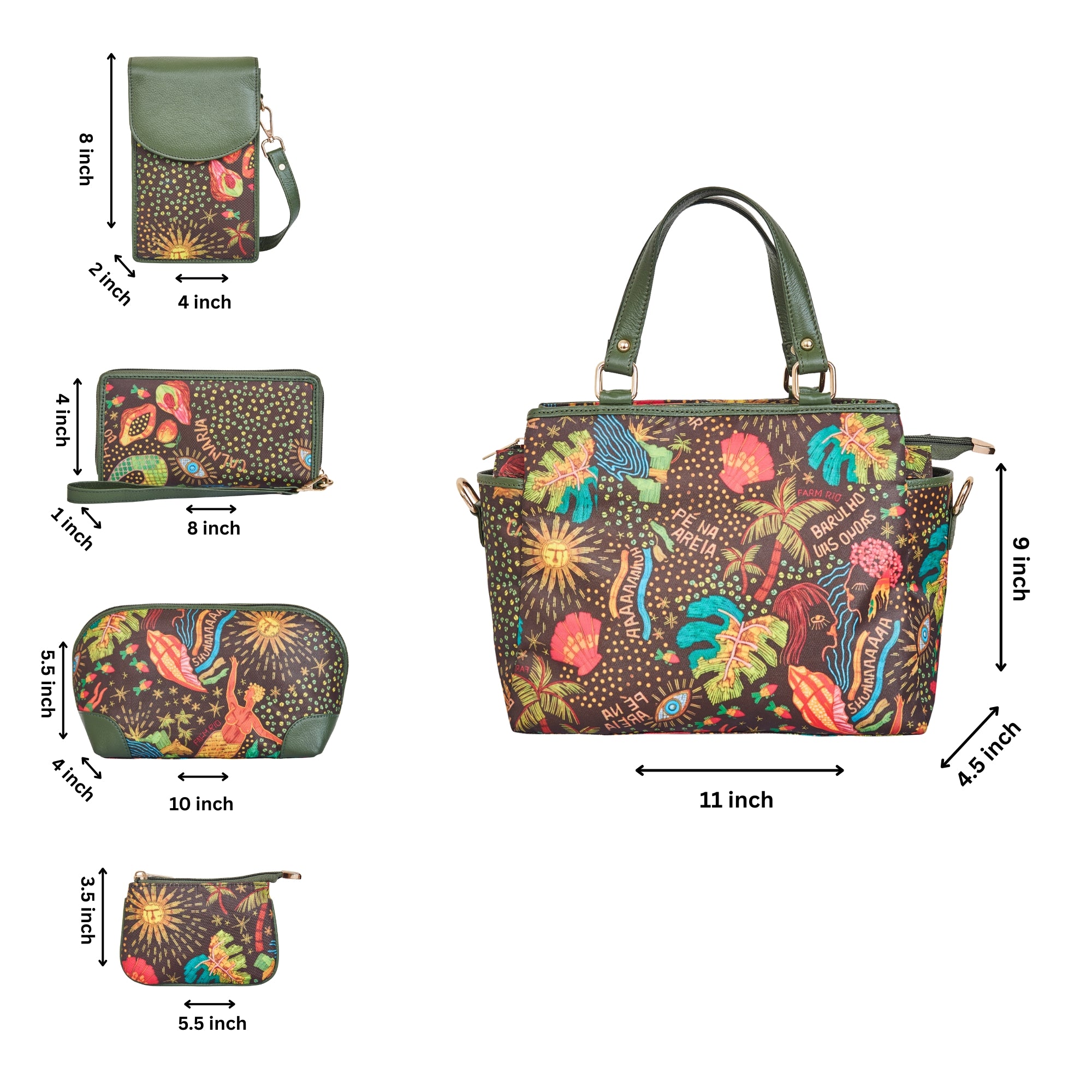 Women’s Printed Fabric Bag Combo – Satchel Bag, Cell Phone Crossbody Wallet, Wristlet, Cosmetic Pouch & Coin Purse