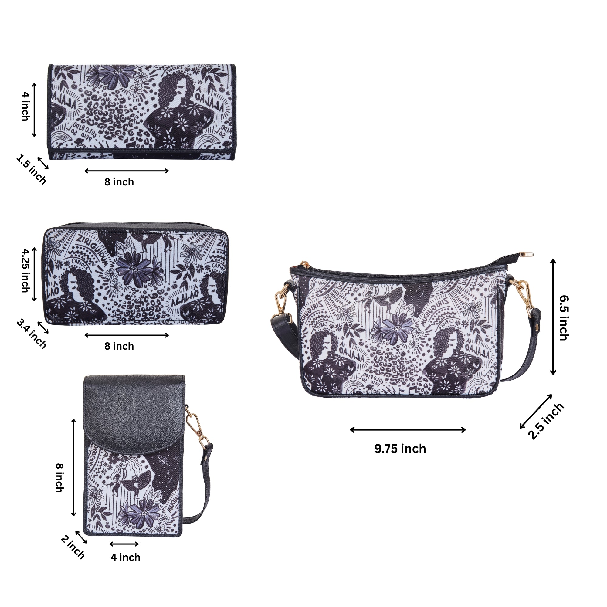 Women’s Printed Nylon Fabric 4-Pcs Combo Set –Hobo Bag, Wallet, Mobile Crossbody Wallet & Jewellery Pouch for Daily Use