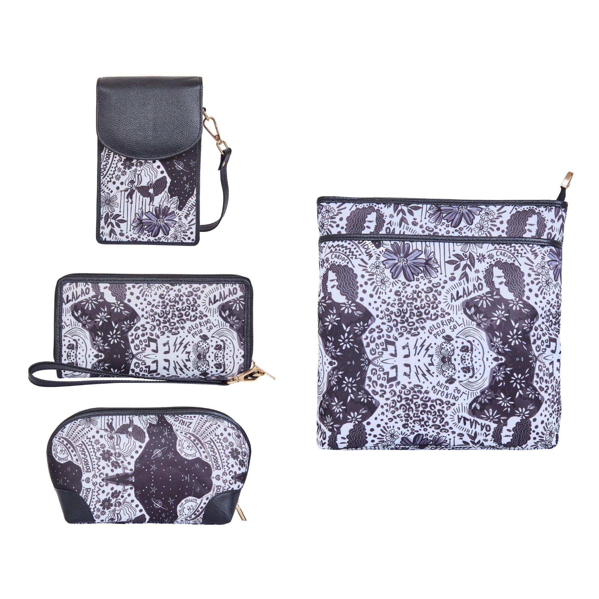 Women’s Printed Fabric Combo Set 4-Pcs – Crossbody Sling Bag, Phone Crossbody, RFID Wristlet & Cosmetic Bag for Daily Use