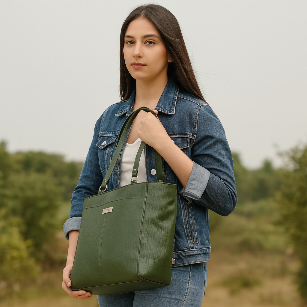 Olive Tote Bag for Women | Sishka Elegant Genuine Leather Satchel, Stylish Top Handle Shoulder Handbag, Spacious Ladies Purse Perfect for Office, Parties, Trips & Daily Use (H 12" x W 15.25" x D 4.75")