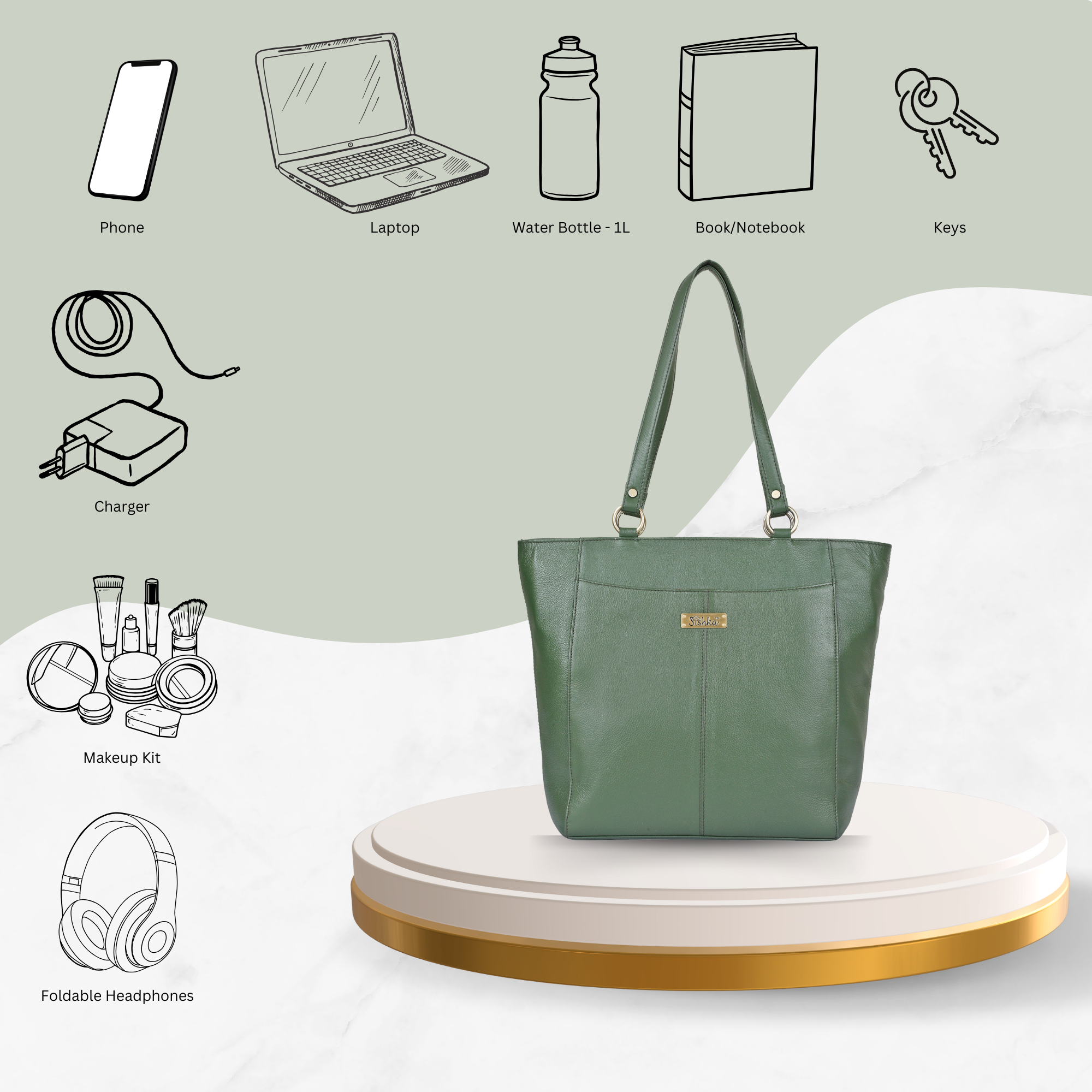 Olive Tote Bag for Women | Sishka Elegant Genuine Leather Satchel, Stylish Top Handle Shoulder Handbag, Spacious Ladies Purse Perfect for Office, Parties, Trips & Daily Use (H 12" x W 15.25" x D 4.75")