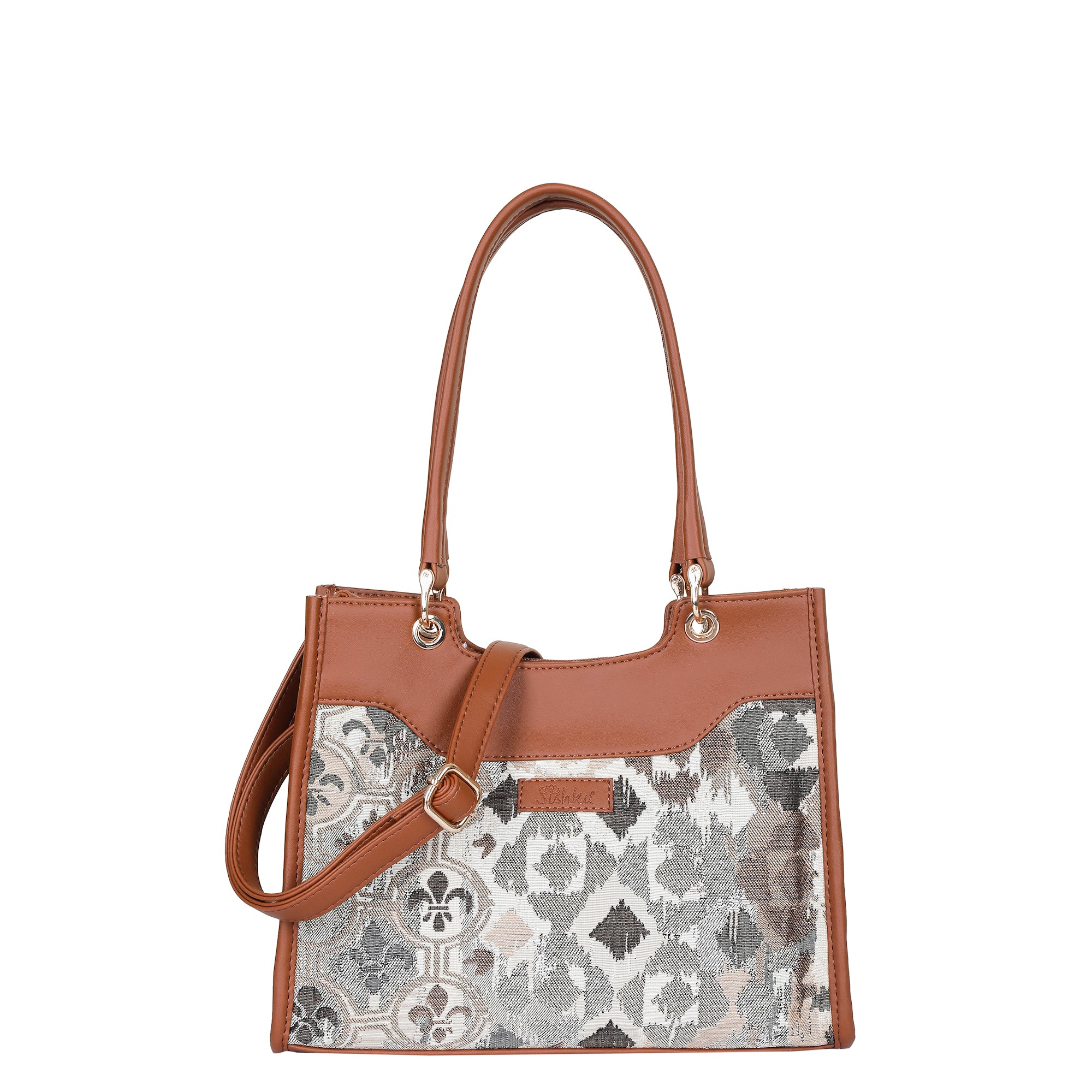 Abstract Tapestry Satchel Bag Crossbody Top Handle Handbag for Women with Vegan Leather Trim for Daily Use