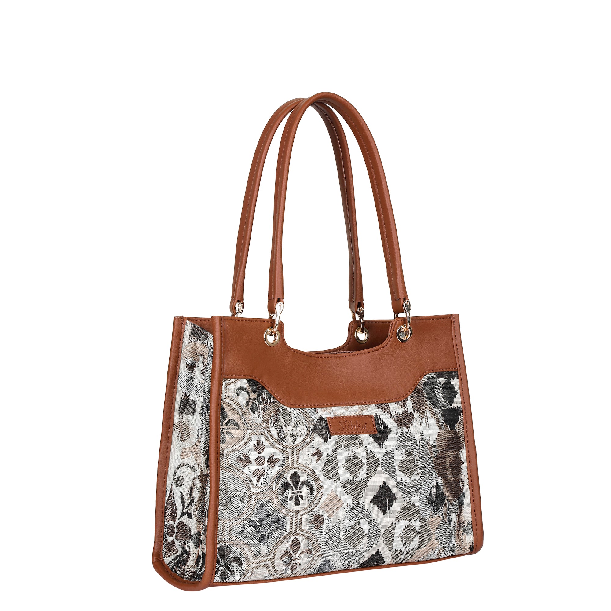 Abstract Tapestry Satchel Bag Crossbody Top Handle Handbag for Women with Vegan Leather Trim for Daily Use