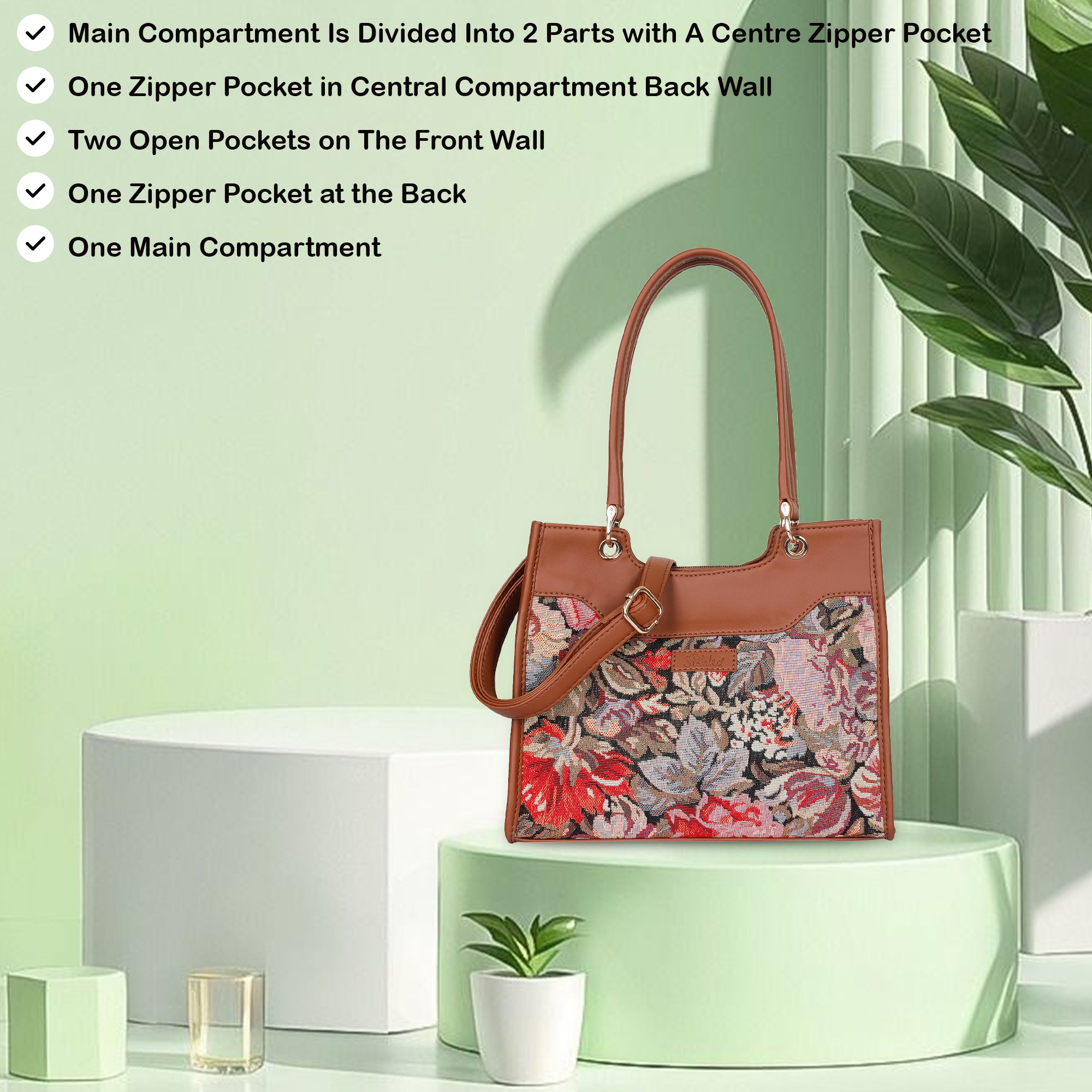 Women’s Floral Tapestry Satchel Bag Crossbody Shoulder Handbag with Top Handle Vegan Leather Trim for Office & Travel