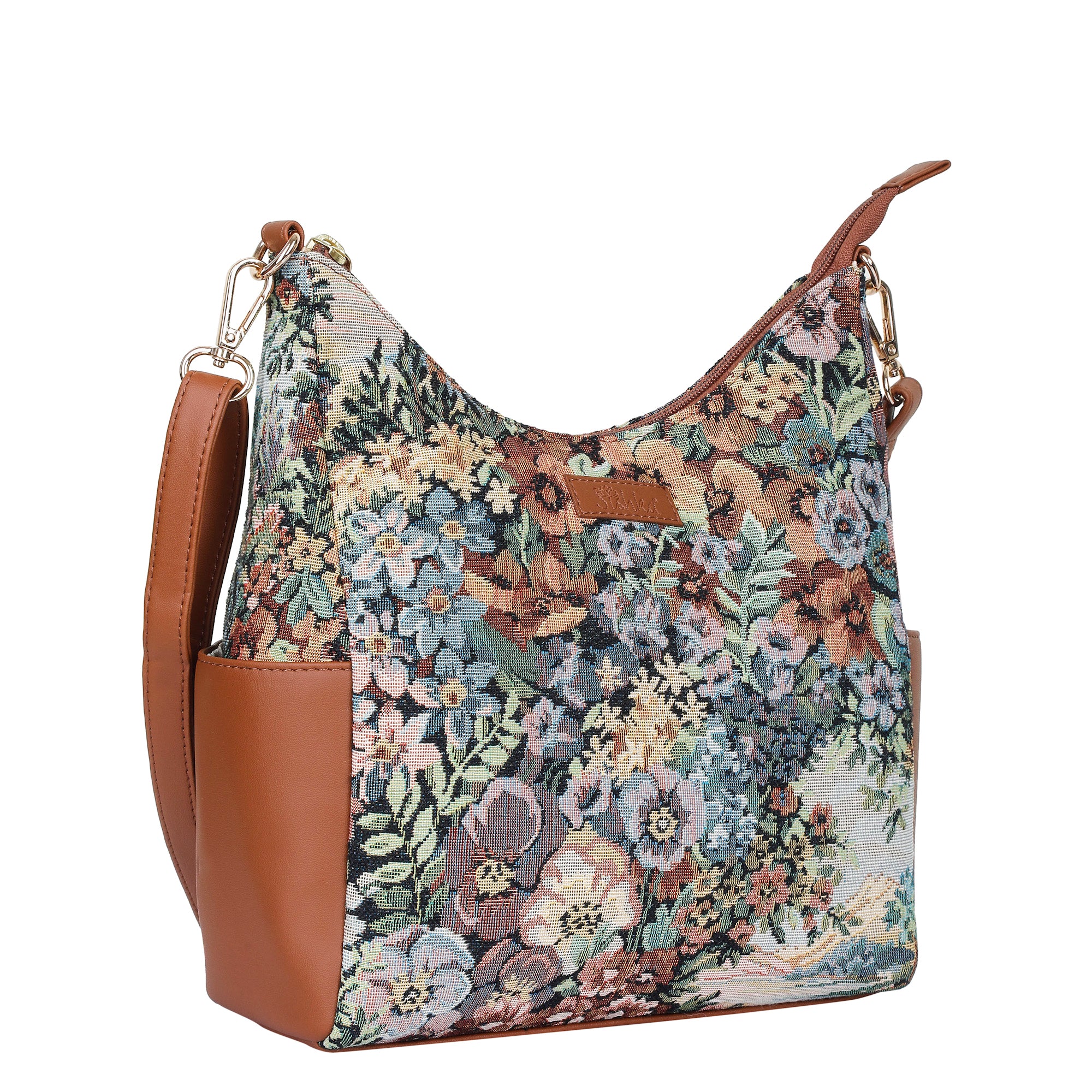 Women’s Botanical Tapestry Hobo Bag – Elegant Vegan Leather-Trimmed Shoulder & Crossbody Purse for Casual Use