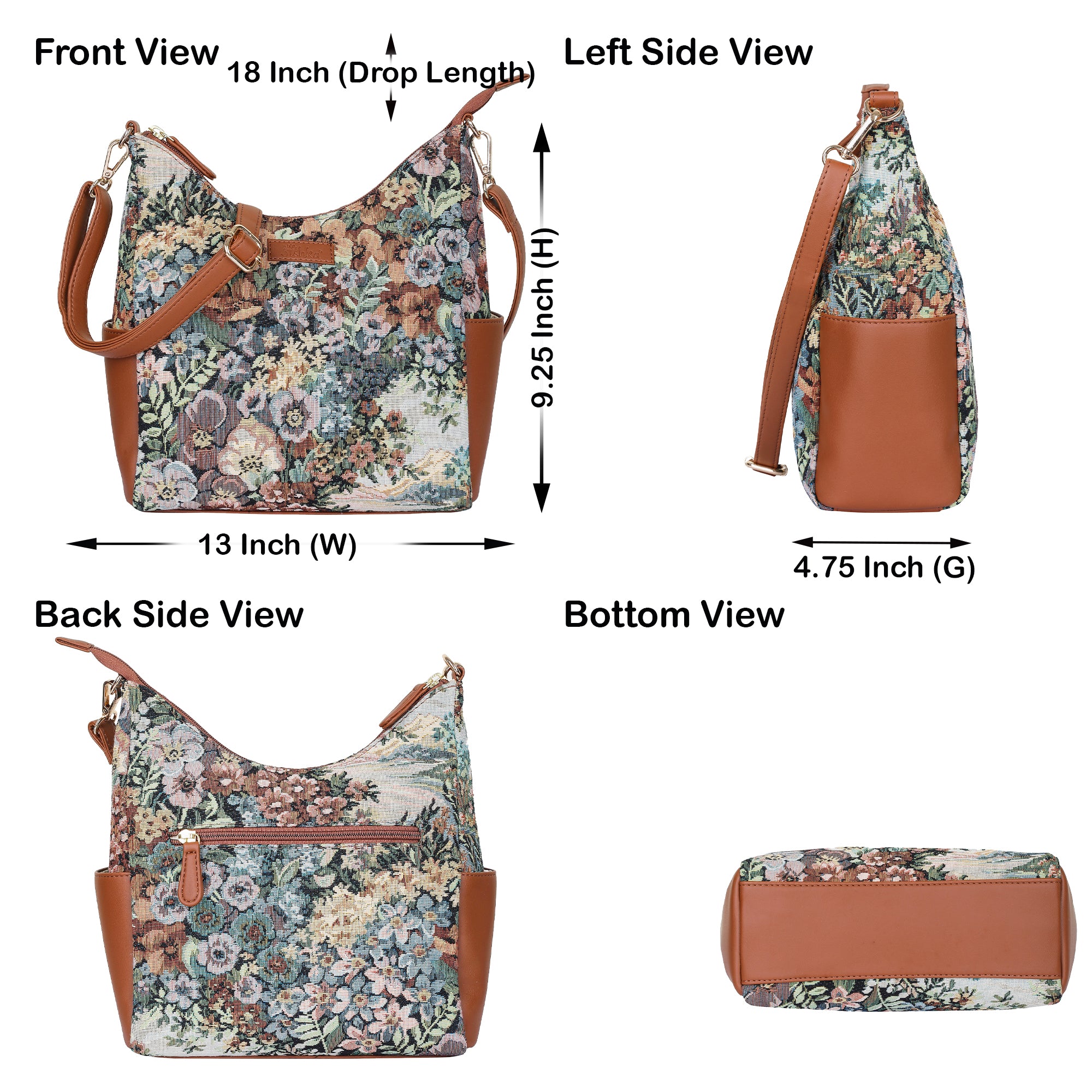 Women’s Botanical Tapestry Hobo Bag – Elegant Vegan Leather-Trimmed Shoulder & Crossbody Purse for Casual Use