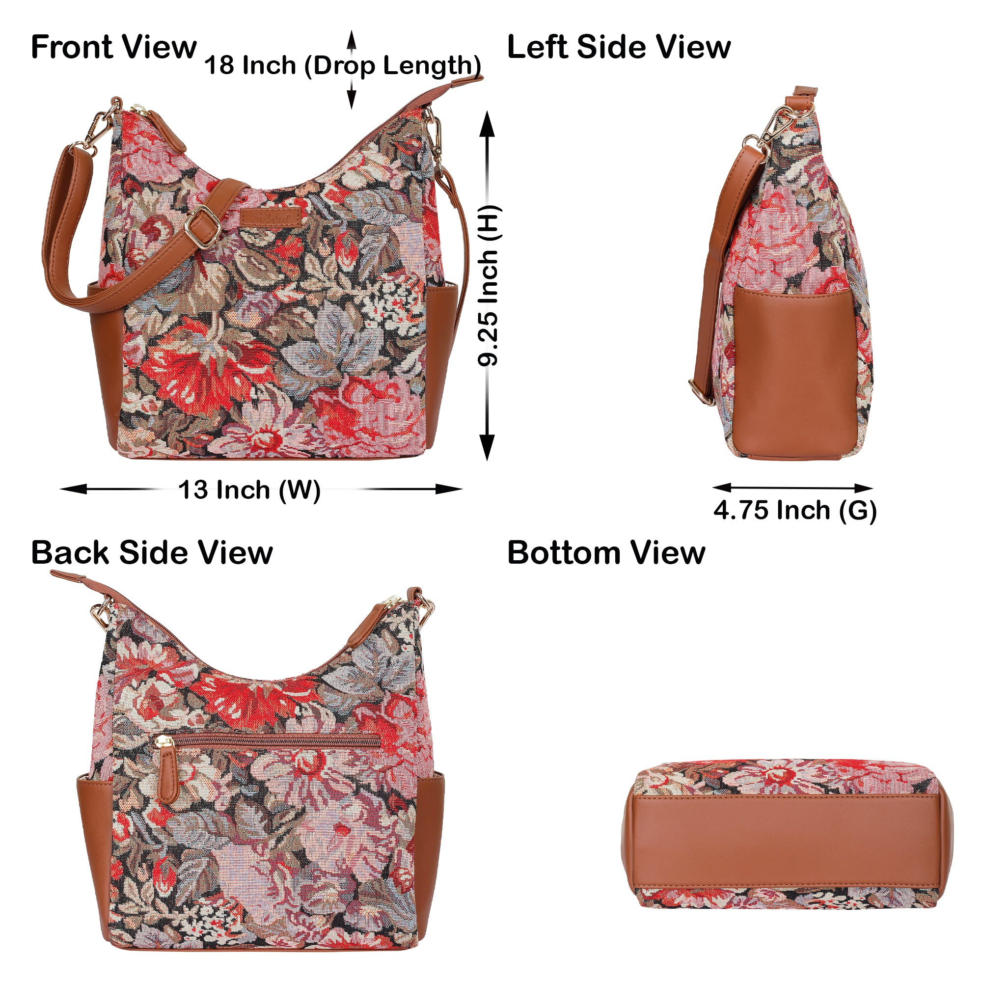 Ladies’ Floral Tapestry Hobo Bag – Stylish Vegan Leather-Trimmed Shoulder & Crossbody Purse for Everyday Essentials