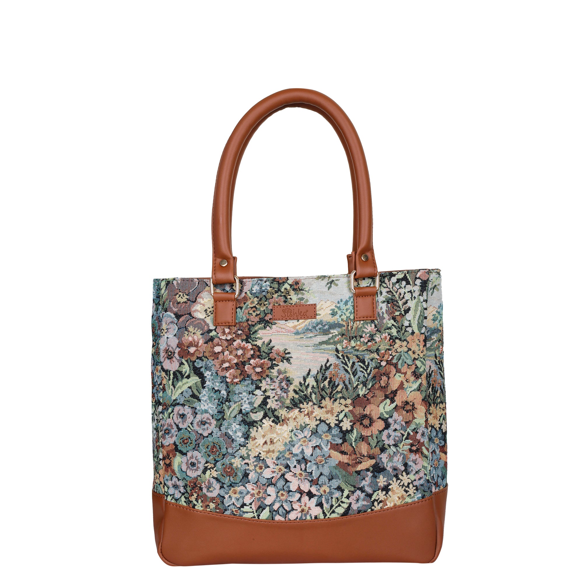 Women’s Botanical Pattern Tapestry Shoulder Tote Bag – Top Handle Handbag with Vegan Leather Trim for Office & Travel