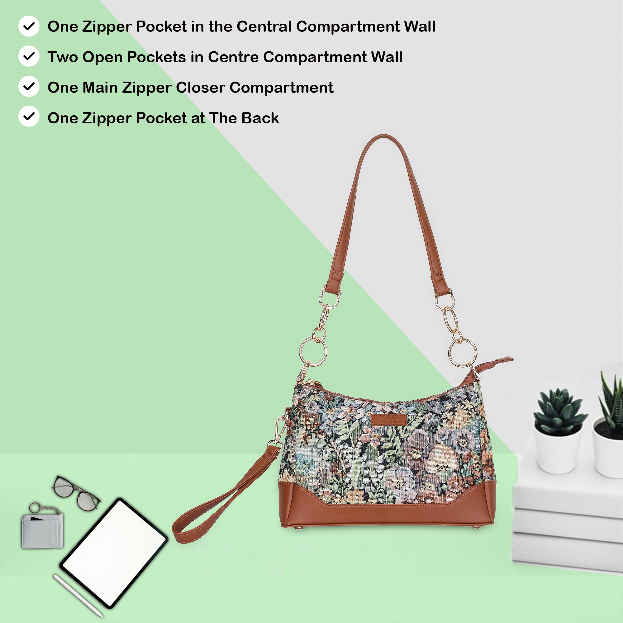 Women’s Botanical Tapestry Shoulder Bag – Tote & Sling Satchel Purse with Vegan Leather Accents for Travel & Everyday Style