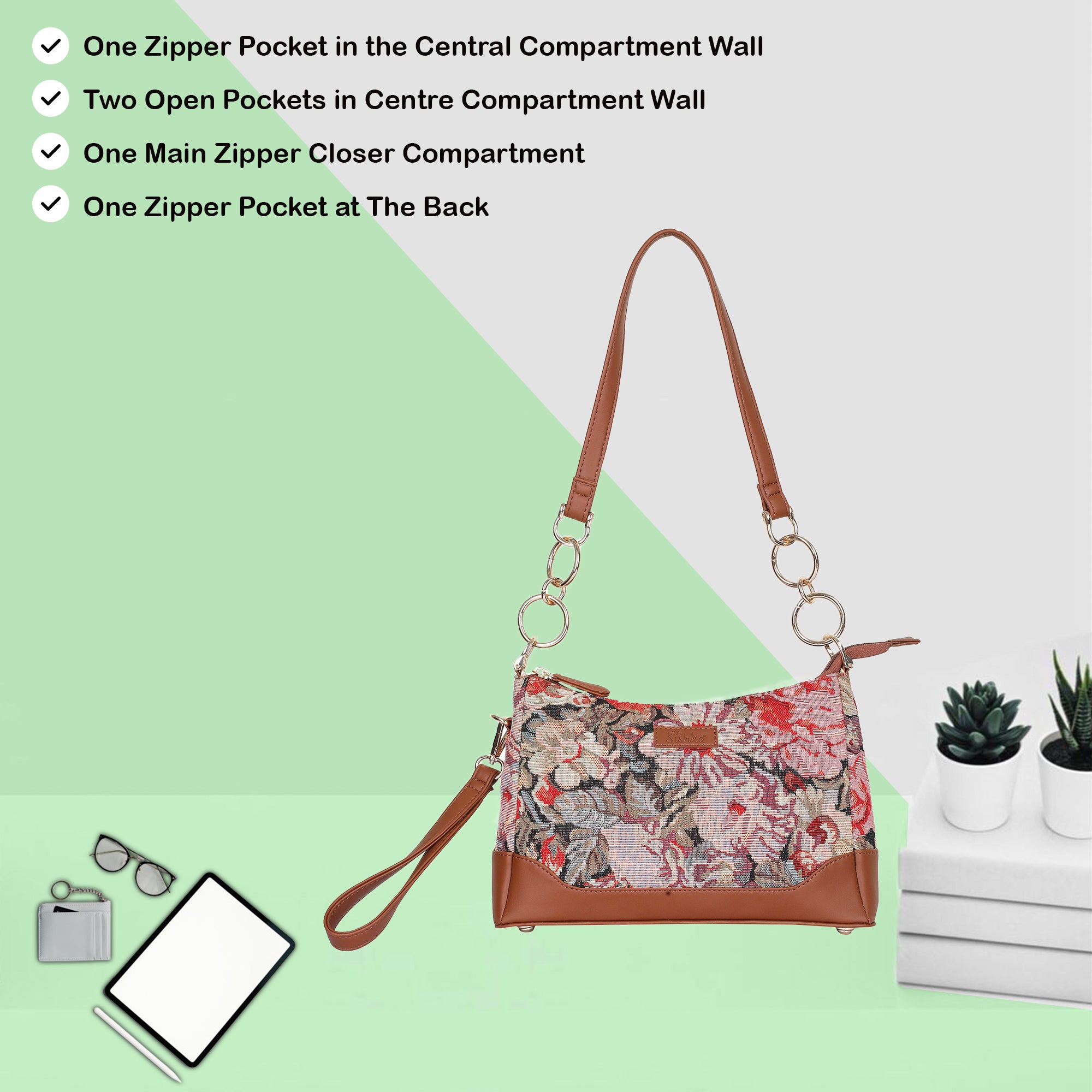 Ladies’ Floral Pattern Tapestry Shoulder Bag – Stylish Tote Bag with Vegan Leather Trim & Sling Satchel Purse for Casual Wear