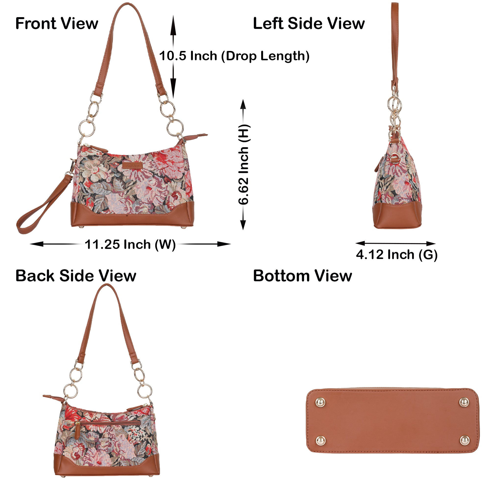 Ladies’ Floral Pattern Tapestry Shoulder Bag – Stylish Tote Bag with Vegan Leather Trim & Sling Satchel Purse for Casual Wear