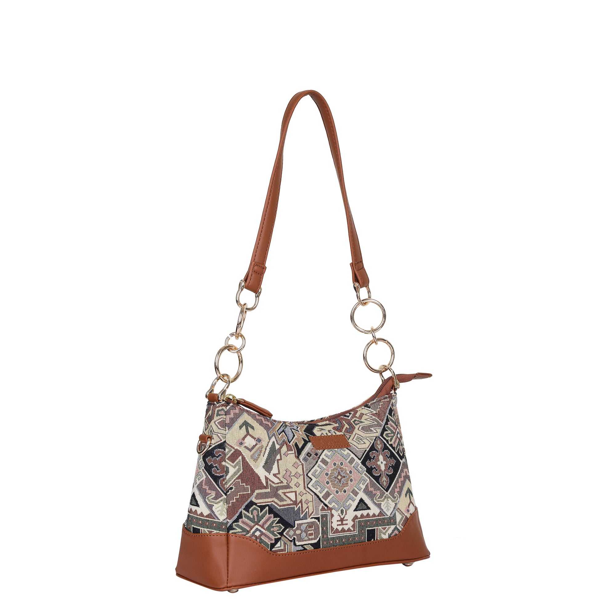 Ladies’ Geometric Tapestry Shoulder Bag – Tote Bag with Vegan Leather Handle & Sling Satchel Purse for Work & Outings