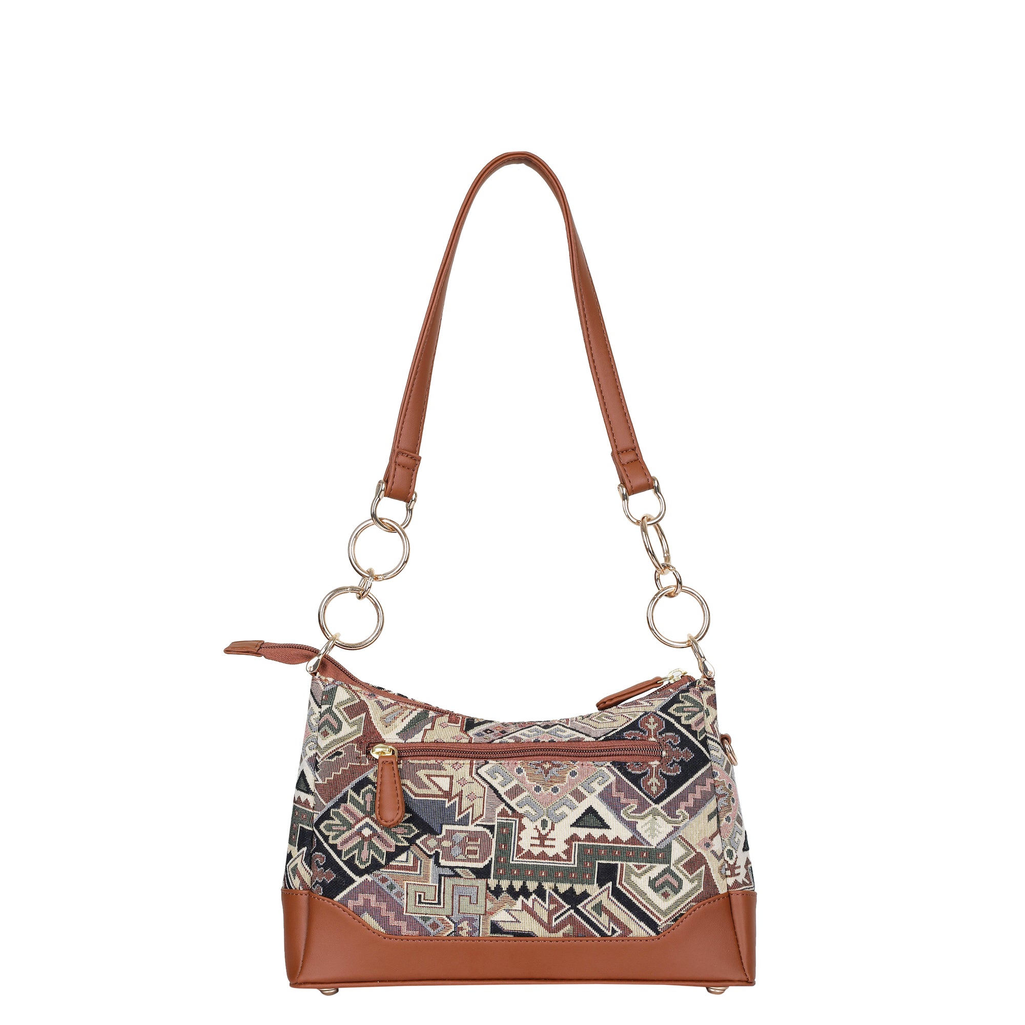 Ladies’ Geometric Tapestry Shoulder Bag – Tote Bag with Vegan Leather Handle & Sling Satchel Purse for Work & Outings