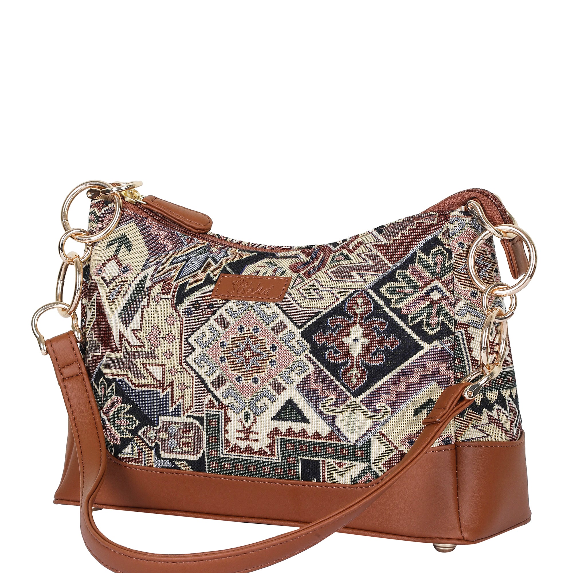Ladies’ Geometric Tapestry Shoulder Bag – Tote Bag with Vegan Leather Handle & Sling Satchel Purse for Work & Outings