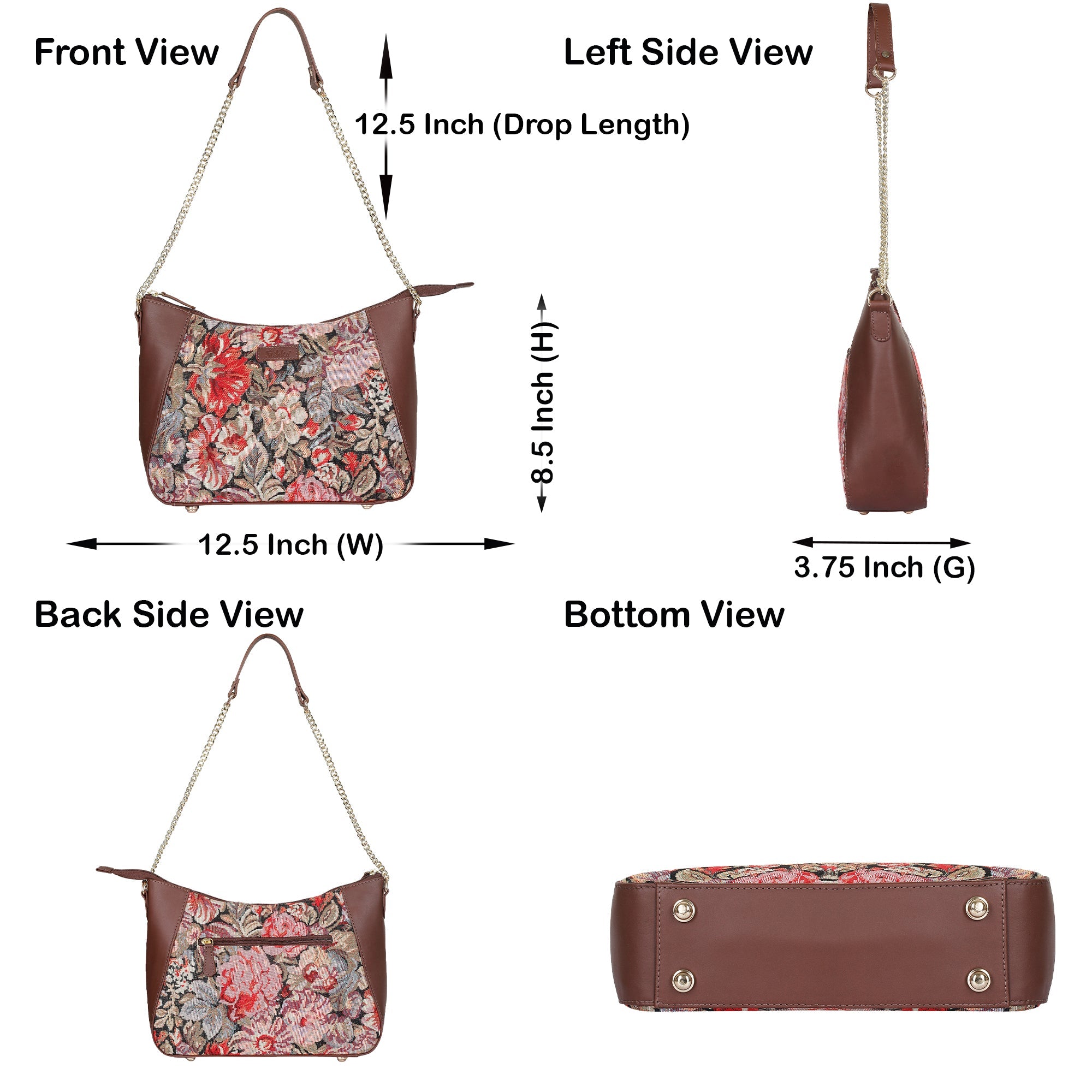 Ladies Tapestry Hobo Bag in Floral Pattern | Leather-Trimmed Shoulder Bag & Satchel Purse for Everyday Essentials