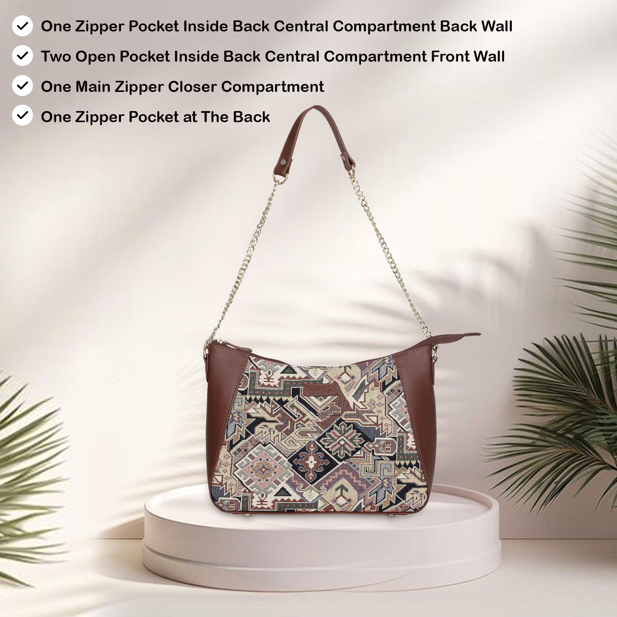 Geometric Design Tapestry Hobo Bag | Stylish Leather-Trimmed Shoulder & Satchel Bag with Chain Strap for Office & Outings