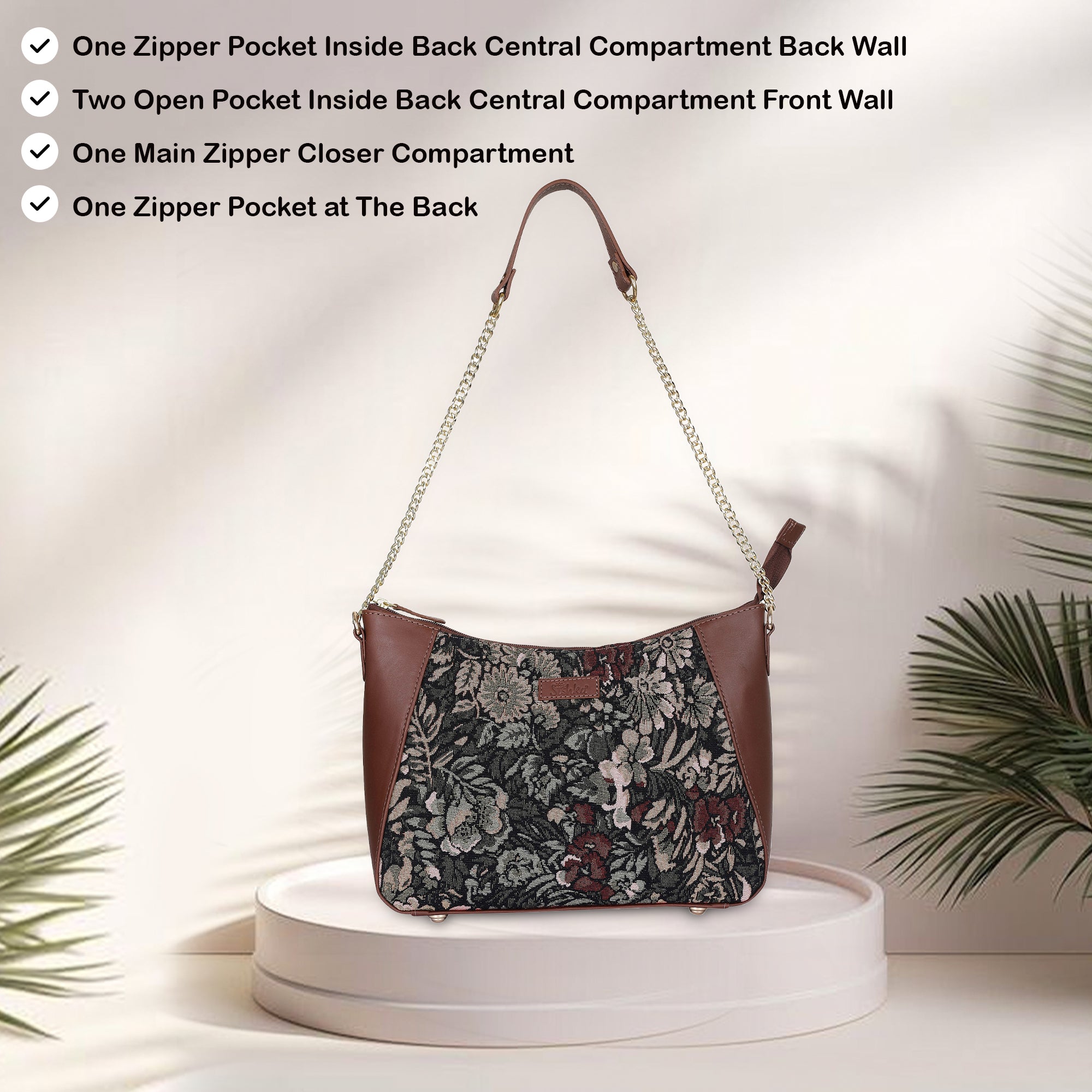 Women's Hobo Bag in Vintage Pattern Tapestry Fabric | Leather-Trimmed Shoulder & Sling Purse with Chain and Leather Strap for Daily Use
