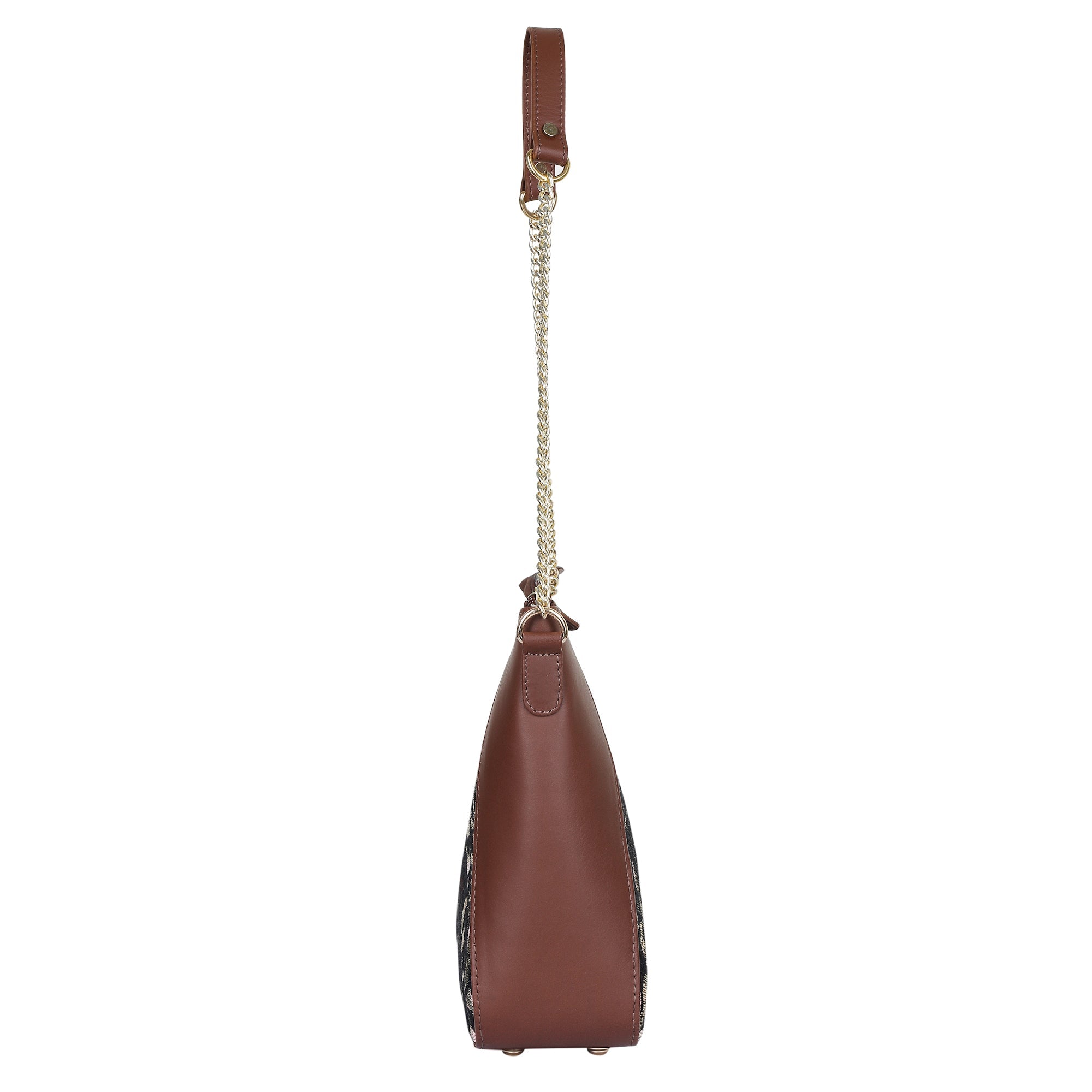 Women's Hobo Bag in Vintage Pattern Tapestry Fabric | Leather-Trimmed Shoulder & Sling Purse with Chain and Leather Strap for Daily Use