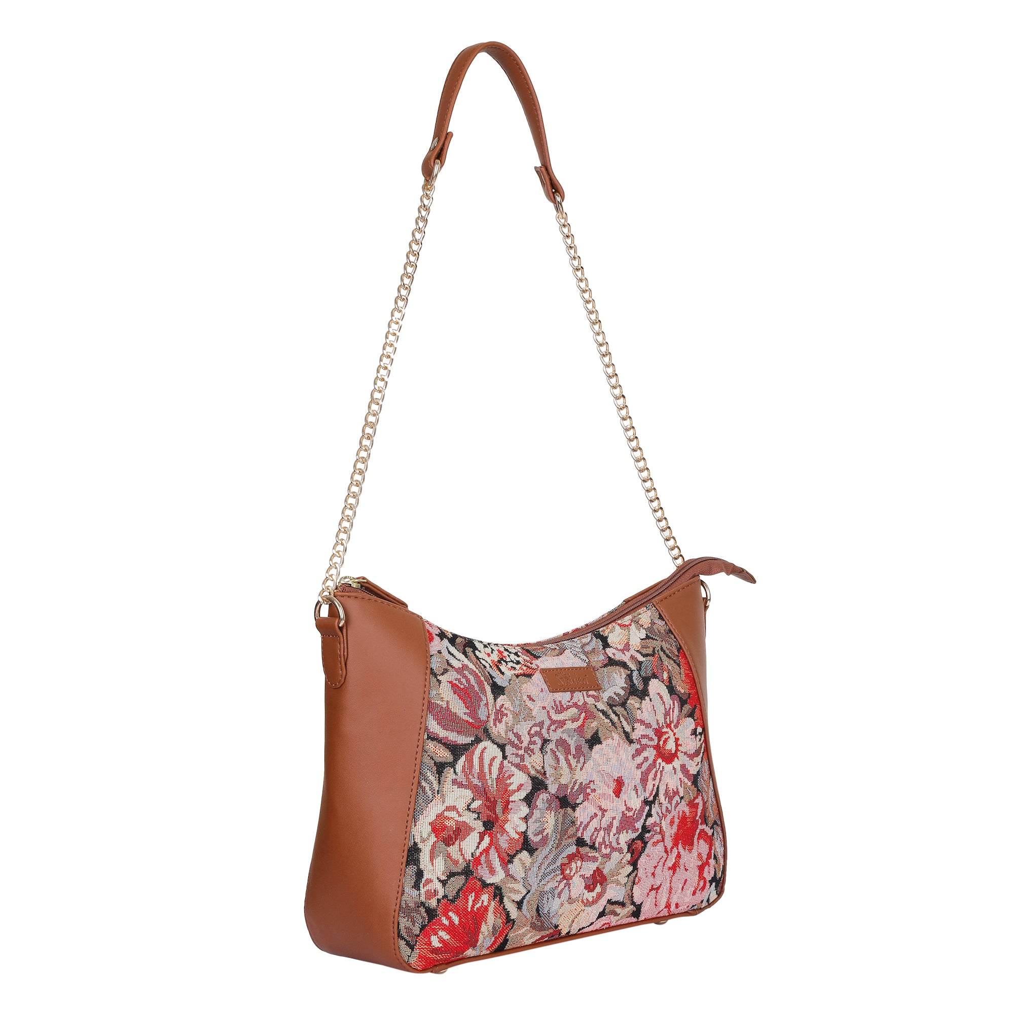 Ladies’ Floral Tapestry Hobo Shoulder Bag – Vegan Leather Satchel Purse with Top Handle & Chain Strap for Daily Use