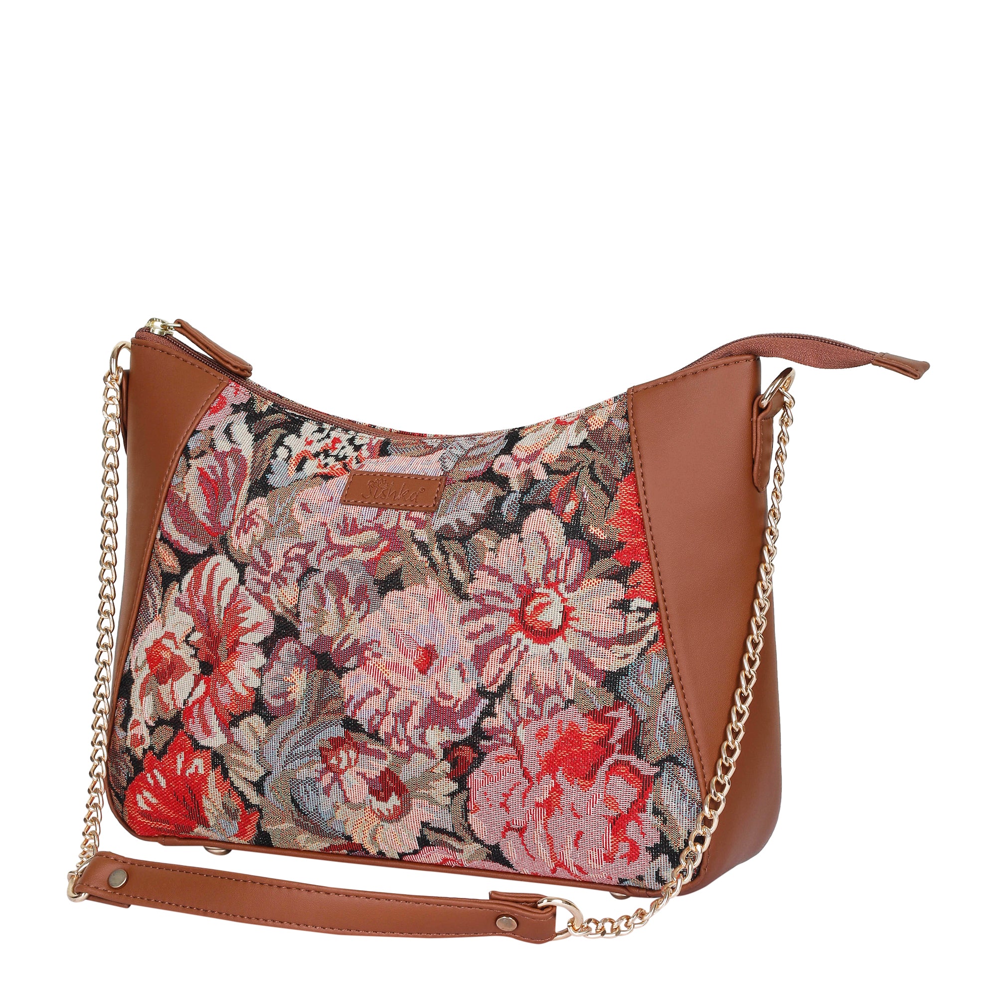 Ladies’ Floral Tapestry Hobo Shoulder Bag – Vegan Leather Satchel Purse with Top Handle & Chain Strap for Daily Use