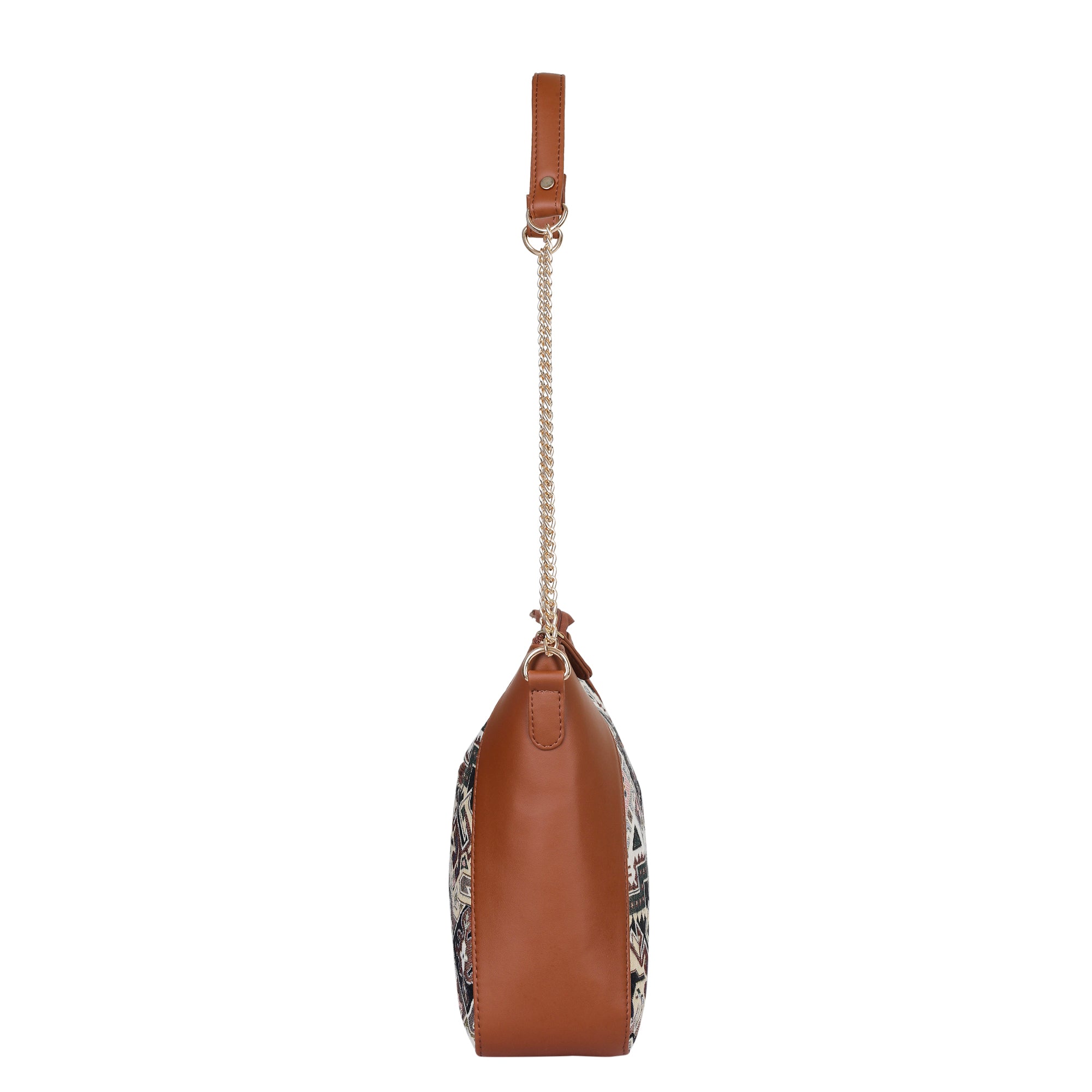 Ladies’ Geometric Tapestry Hobo Shoulder Bag – Vegan Leather Tote Purse with Chain Strap & Top Handle for Everyday Carry