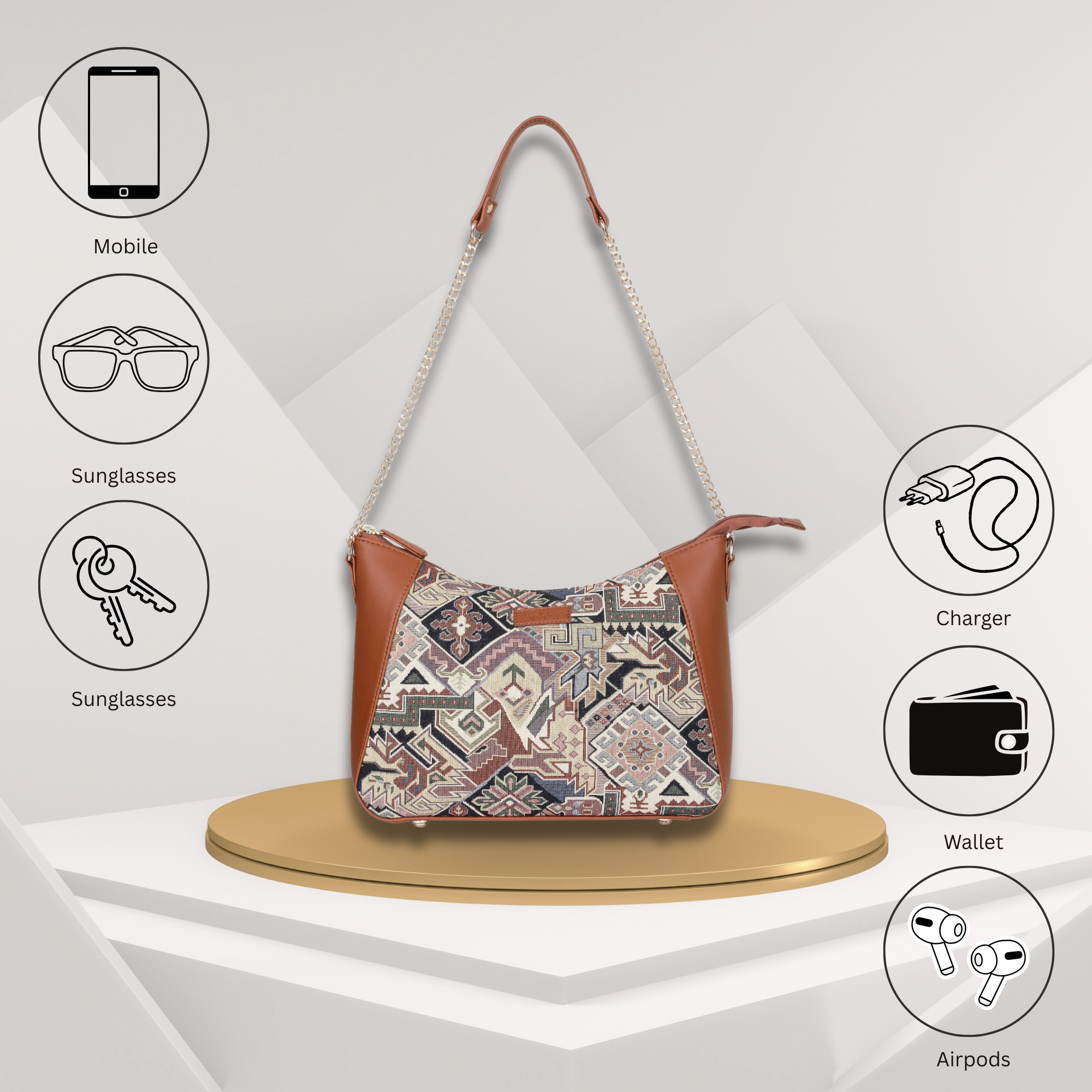 Ladies’ Geometric Tapestry Hobo Shoulder Bag – Vegan Leather Tote Purse with Chain Strap & Top Handle for Everyday Carry
