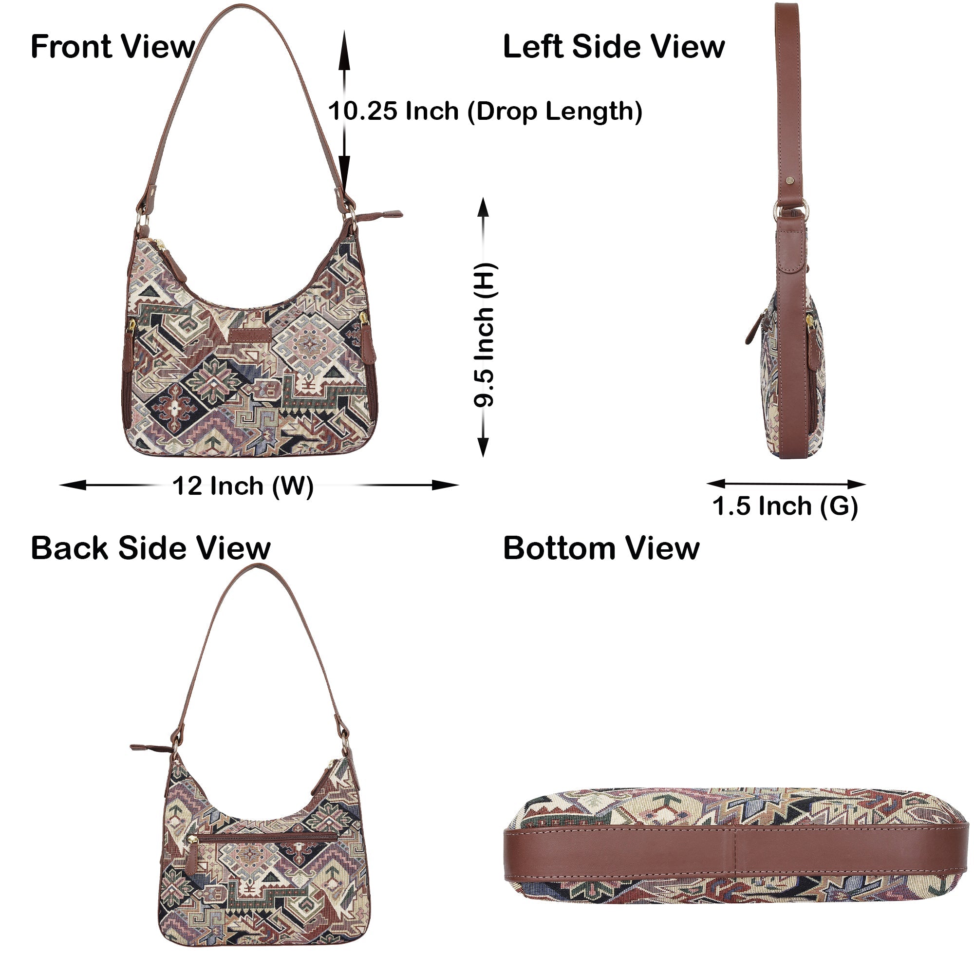 Geometric Pattern Tapestry Hobo Bag For Ladies| Stylish Leather-Trimmed Shoulder & Satchel Bag with Leather Strap for Office & Outings