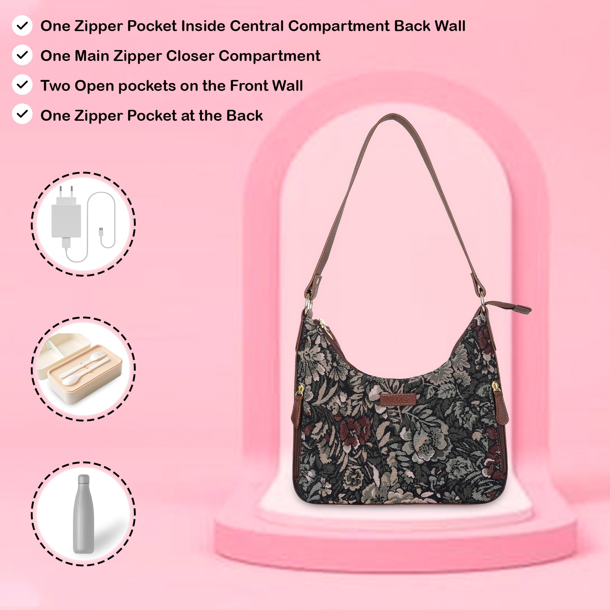 Women's Hobo Bag in Tapestry Vintage Pattern Fabric | Leather-Trimmed Shoulder & Sling Purse with Leather Strap for Daily Use