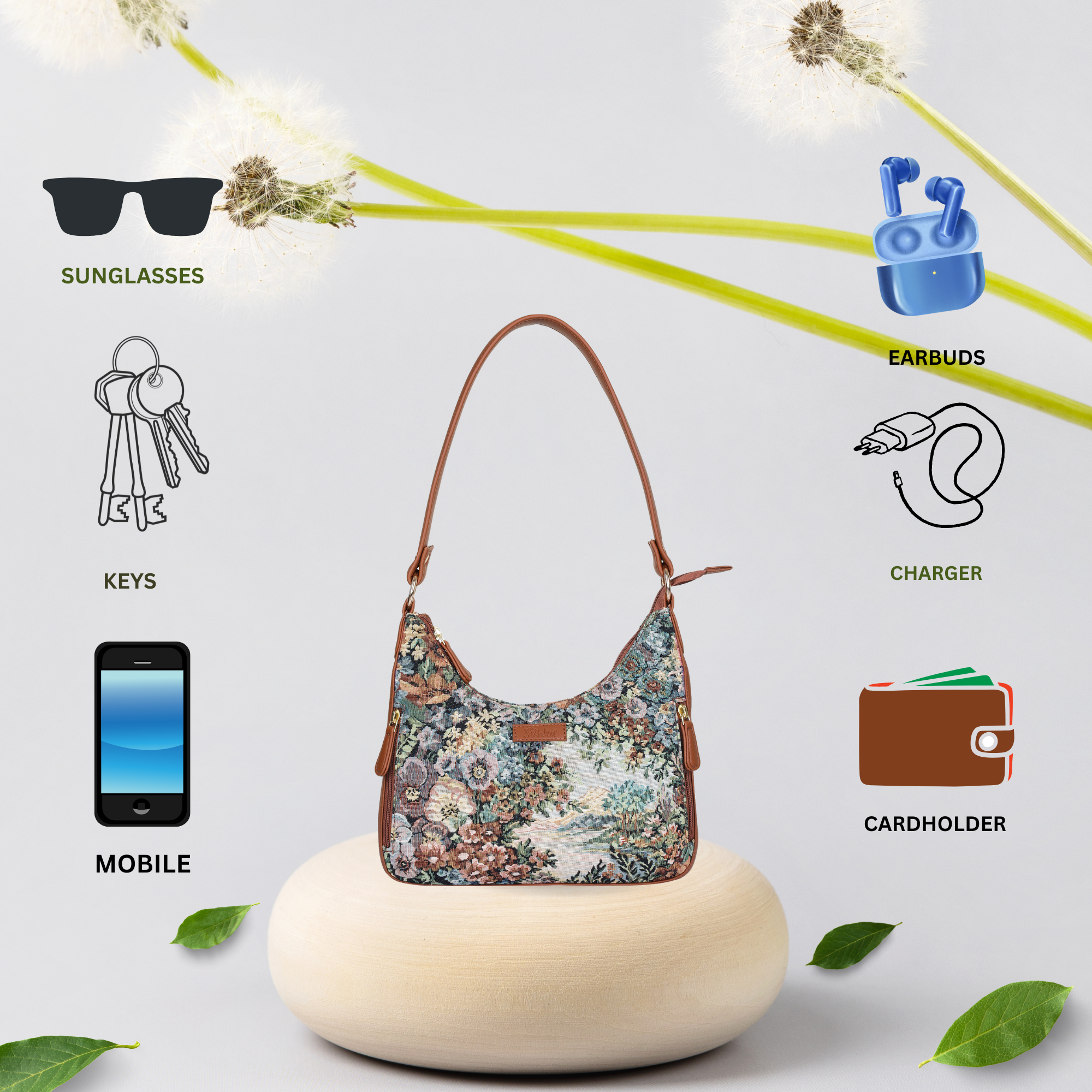 Women’s Botanical Pattern Hobo Shoulder Tote – Elegant Tapestry Fabric Sling Bag with Vegan Leather Trim & Top Handle