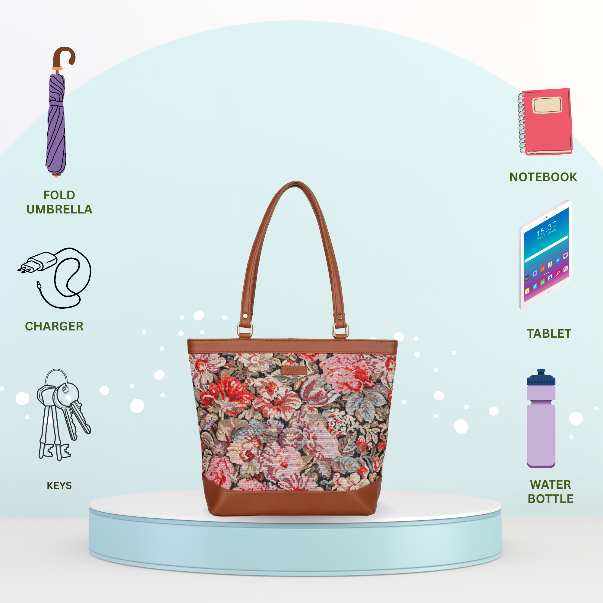 Ladies’ Floral Print Tapestry Tote Bag – Vegan Leather Shoulder Sling Handbag with Top Handle for Casual & Office Wear