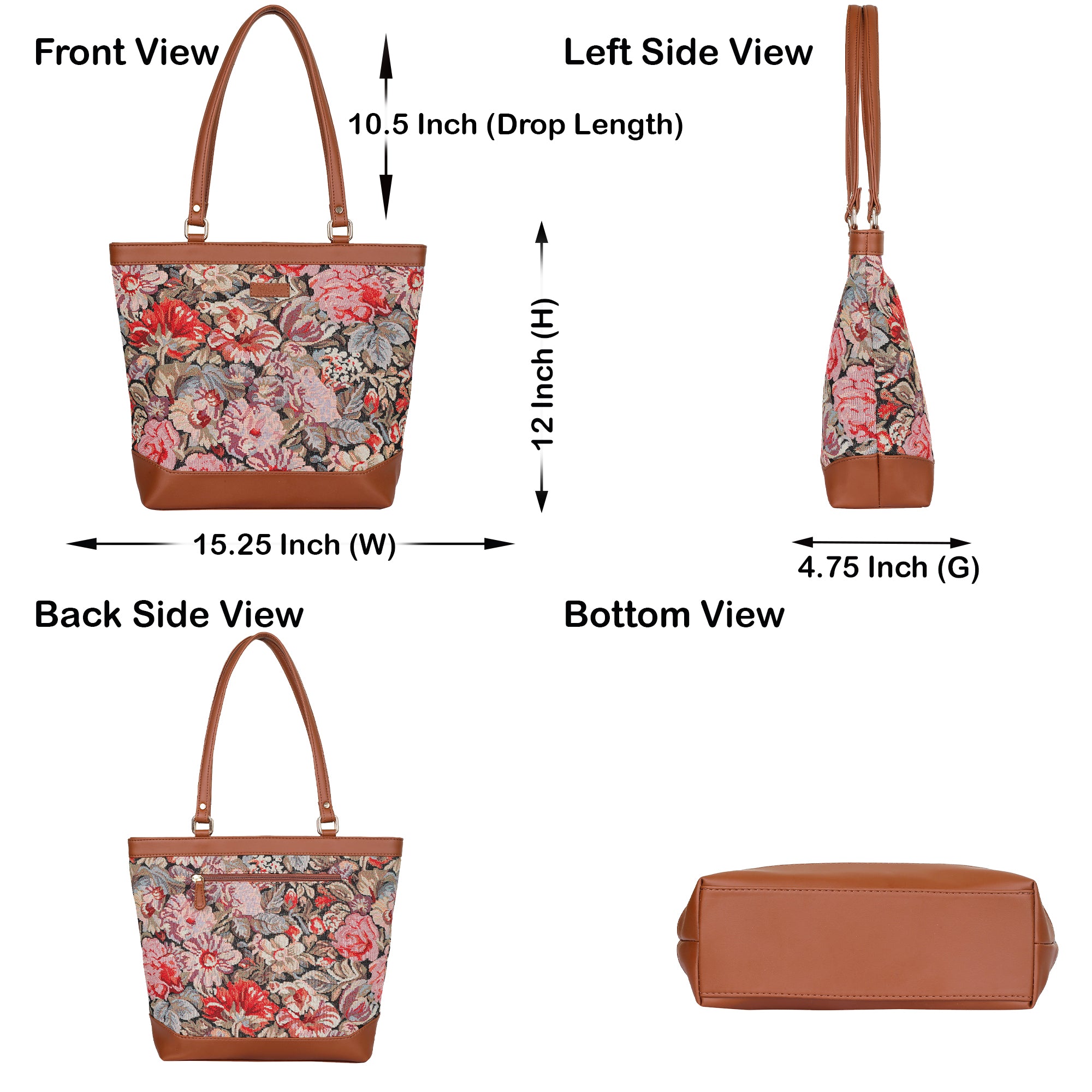 Ladies’ Floral Print Tapestry Tote Bag – Vegan Leather Shoulder Sling Handbag with Top Handle for Casual & Office Wear