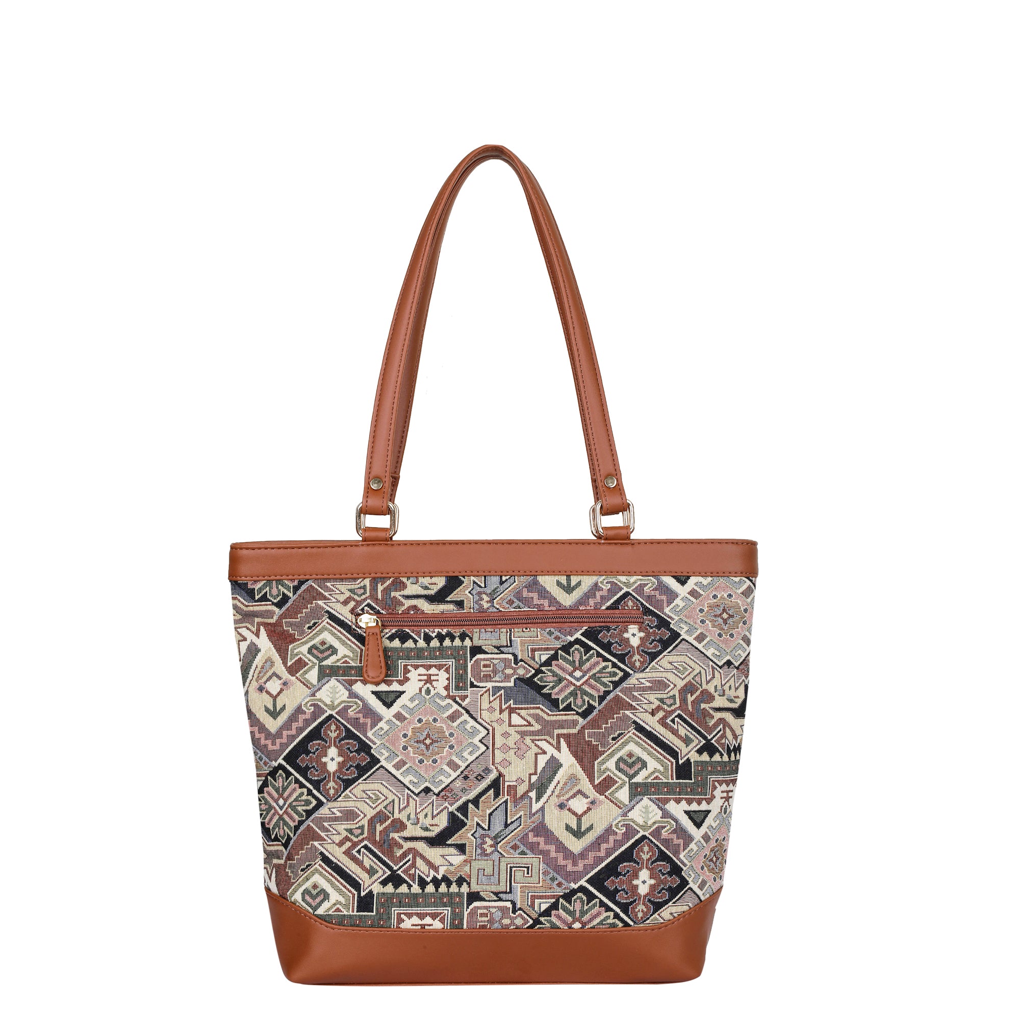 Ladies’ Geometric Tapestry Tote Bag – Vegan Leather-Accented Handbag with Sling Strap & Top Handles for Work & Travel