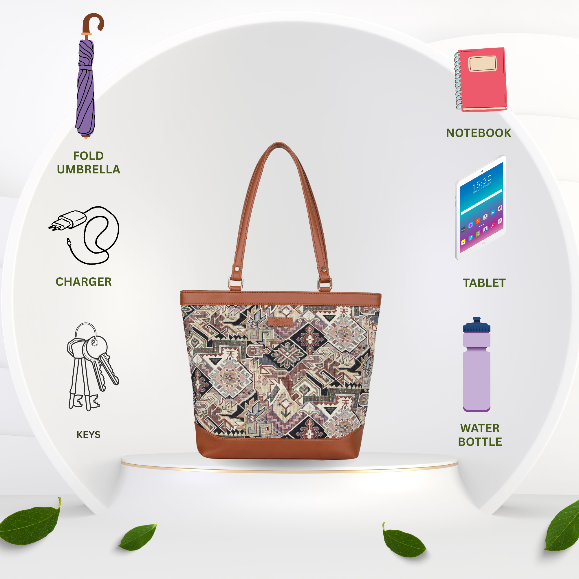 Ladies’ Geometric Tapestry Tote Bag – Vegan Leather-Accented Handbag with Sling Strap & Top Handles for Work & Travel