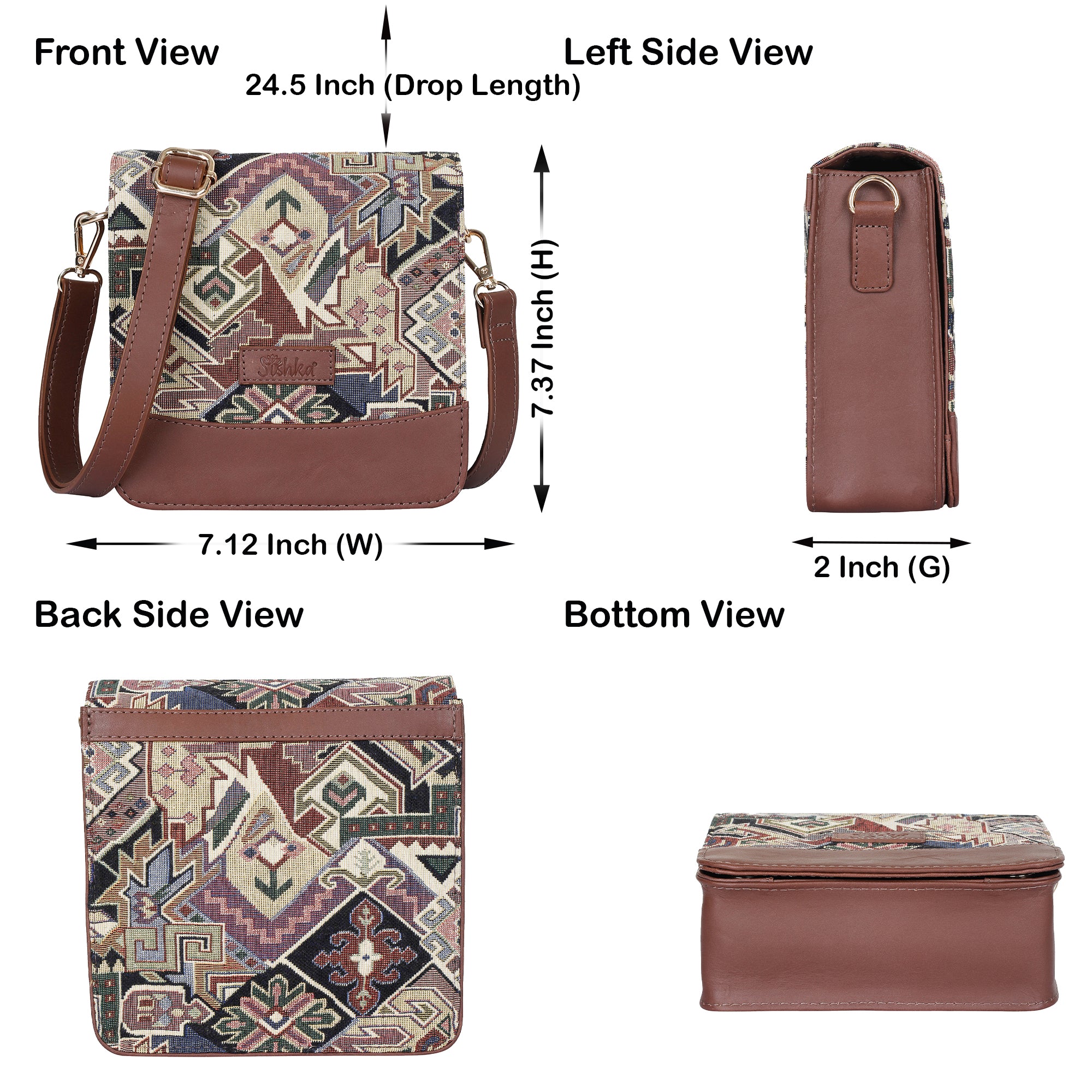 Geometric Tapestry Crossbody Bag – Women’s Sling Shoulder Purse with Leather Trim