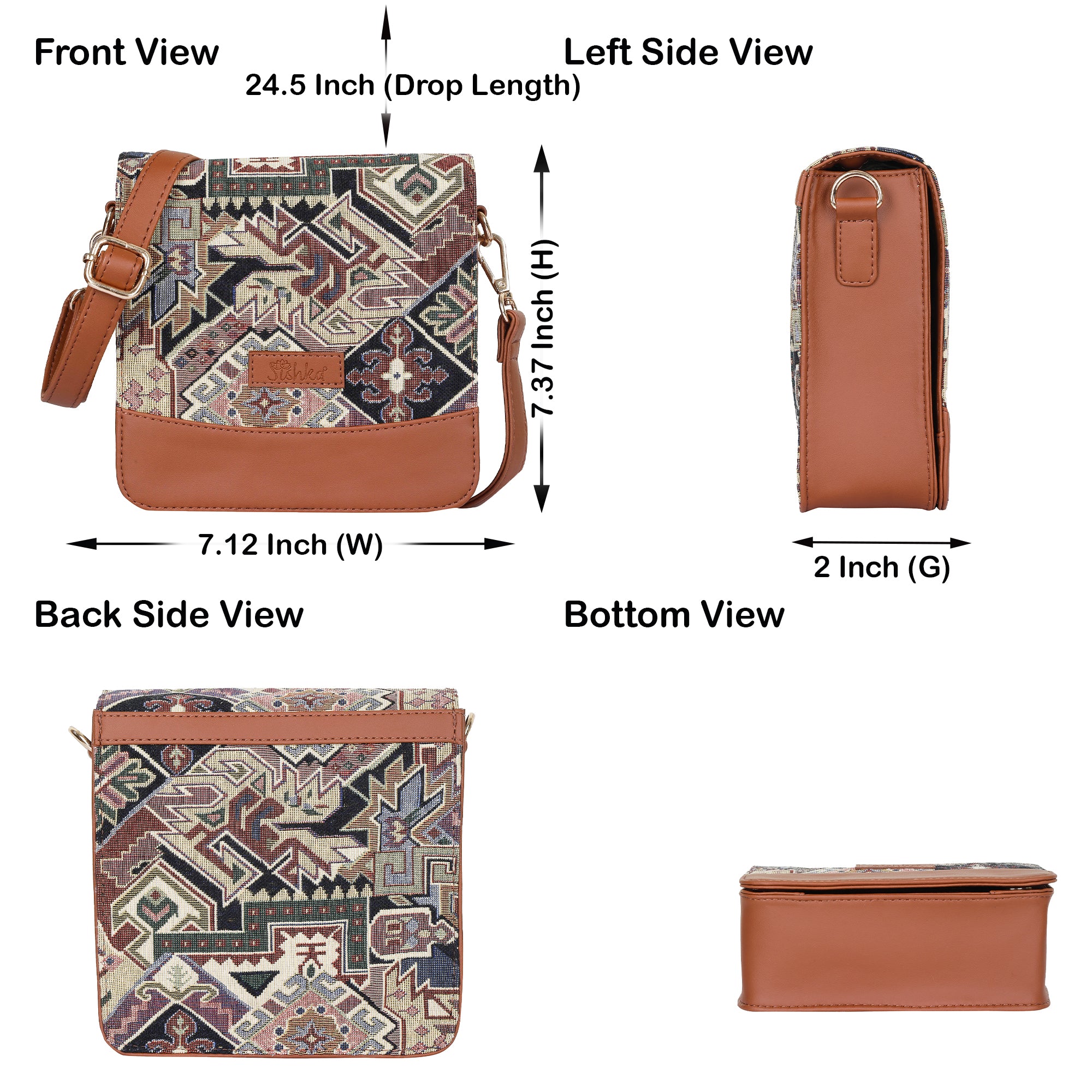 Ladies’ Geometric Pattern Tapestry Crossbody Bag – Satchel Shoulder Sling Purse with Vegan Leather Strap for Everyday Carry