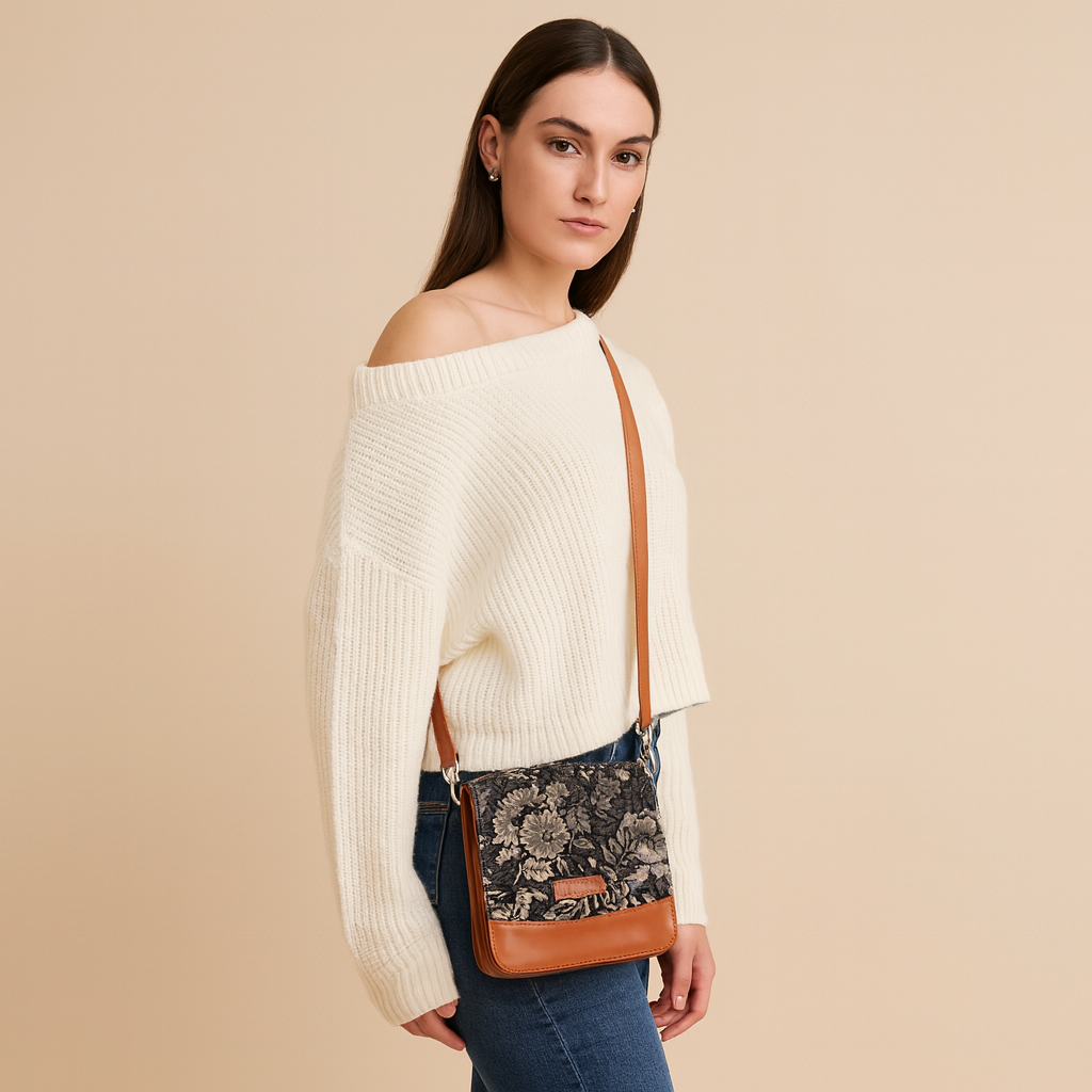 Women’s Vintage Tapestry Crossbody Bag – Vegan Leather-Trimmed Shoulder Satchel Sling Purse for Daily Use