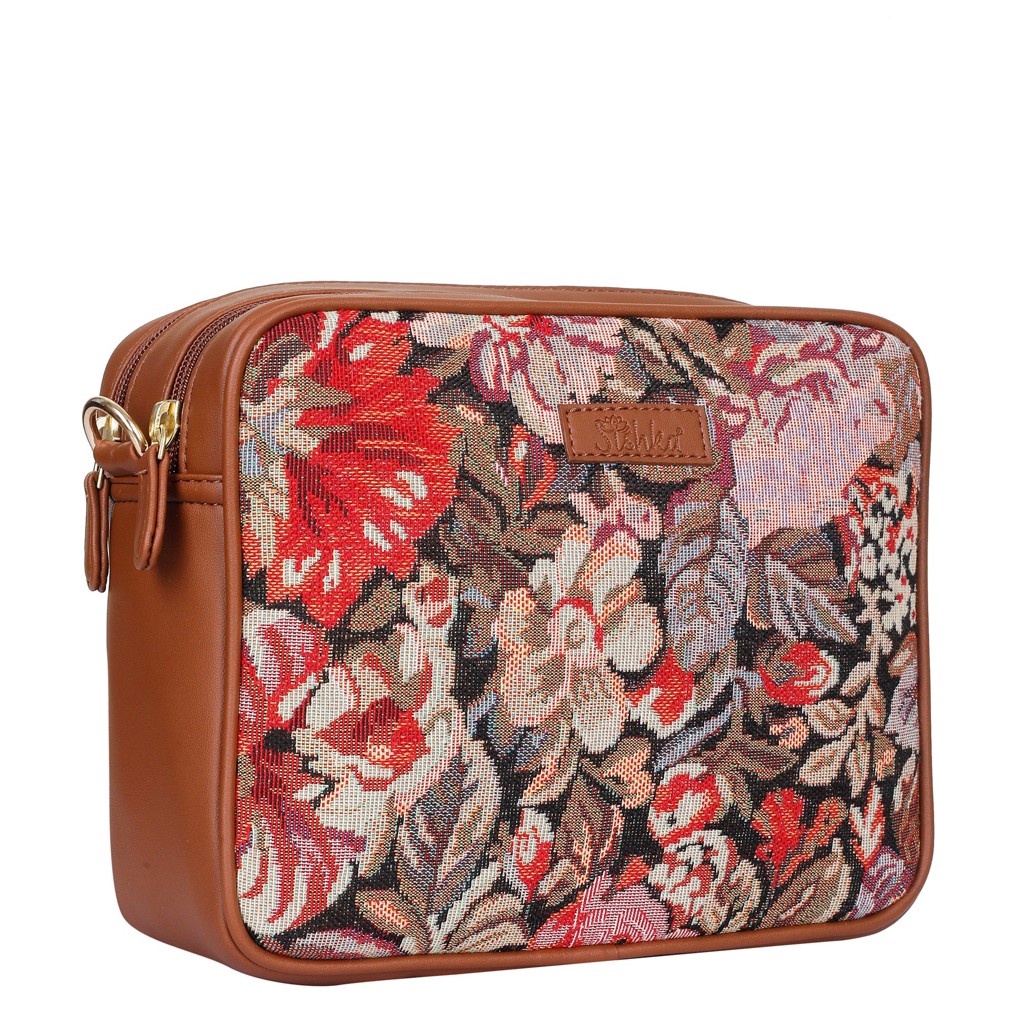 Ladies’ Floral Tapestry Shoulder Sling Bag – Vegan Leather-Trim Messenger Purse with Adjustable Strap for Work