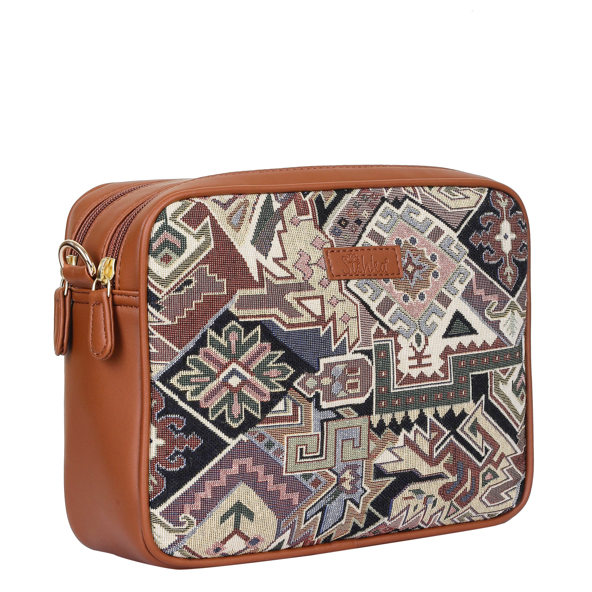 Ladies’ Geometric Tapestry Sling Bag – Vegan Leather Crossbody Satchel with Adjustable Strap for Office, Errands & Outings