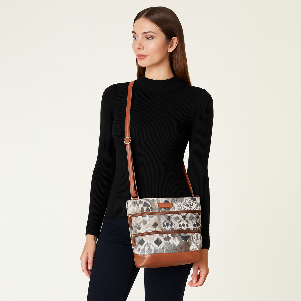 Women’s Abstract Design Tapestry Crossbody Sling Bag – Shoulder & Messenger Purse with Vegan Leather for Outings