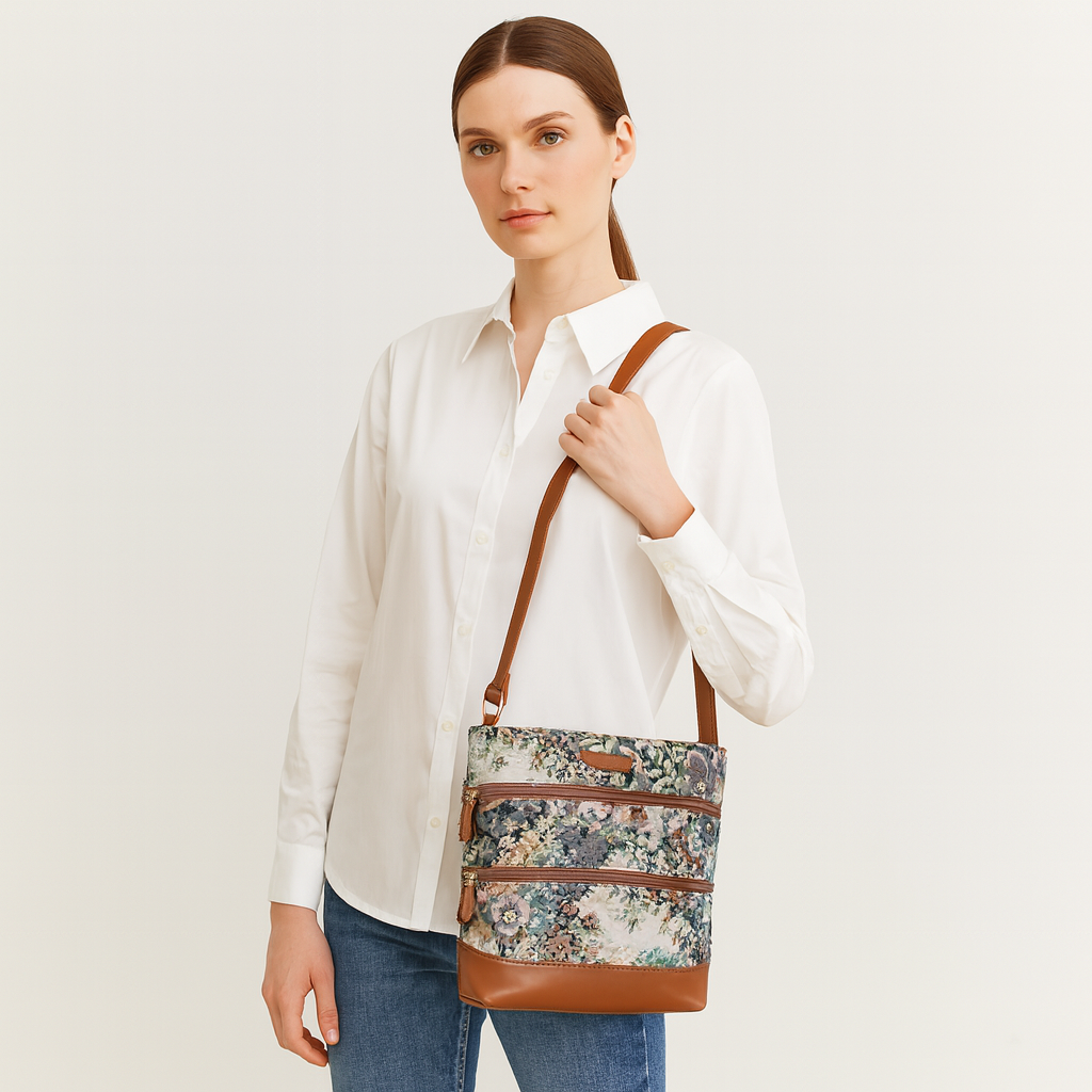 Women’s Botanical Tapestry Crossbody Bag – Messenger-Style Shoulder Purse with Vegan Leather Trim for Everyday Carry