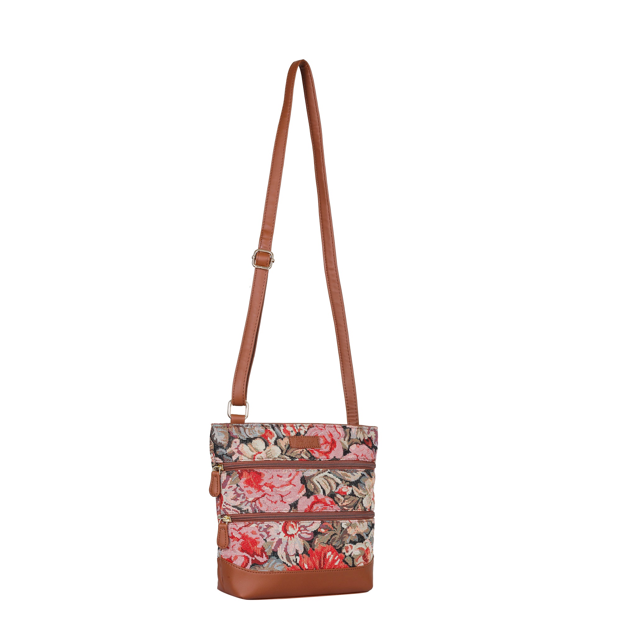 Ladies’ Floral Pattern Tapestry Sling Bag – Crossbody Shoulder Purse with Vegan Leather Trim & Adjustable Strap for Travel