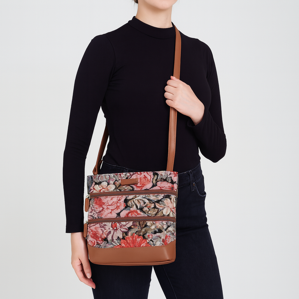 Ladies’ Floral Pattern Tapestry Sling Bag – Crossbody Shoulder Purse with Vegan Leather Trim & Adjustable Strap for Travel