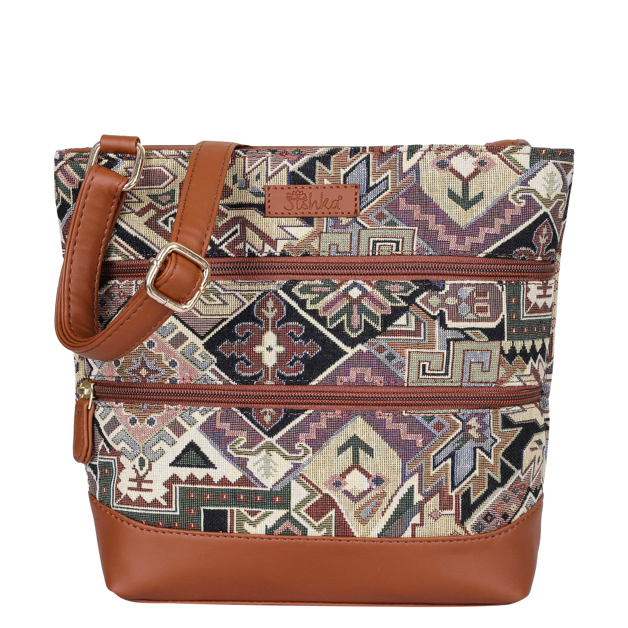 Ladies’ Geometric Tapestry Sling Bag – Crossbody & Shoulder Purse with Vegan Leather Trim & Adjustable Strap for Casual Outings