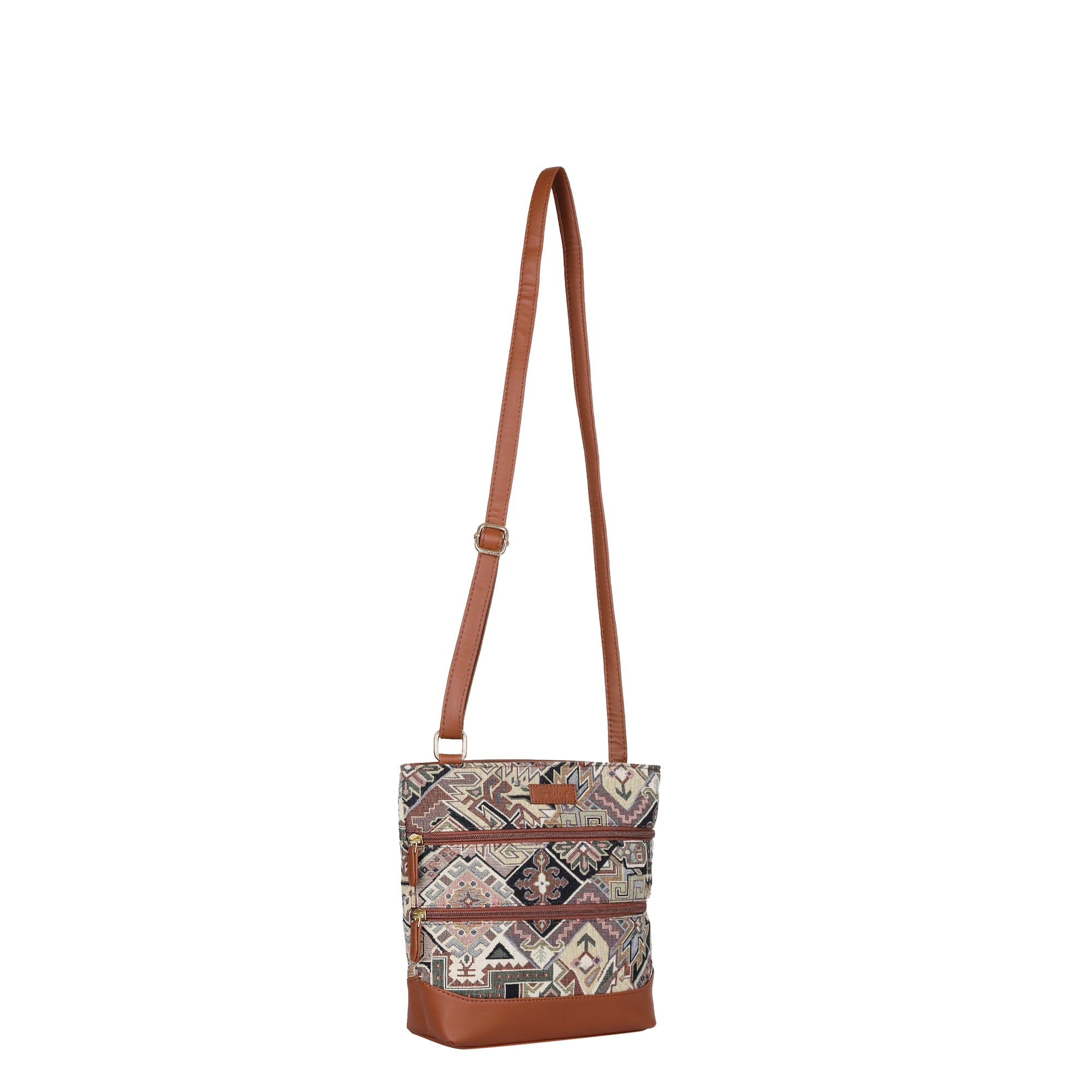 Ladies’ Geometric Tapestry Sling Bag – Crossbody & Shoulder Purse with Vegan Leather Trim & Adjustable Strap for Casual Outings