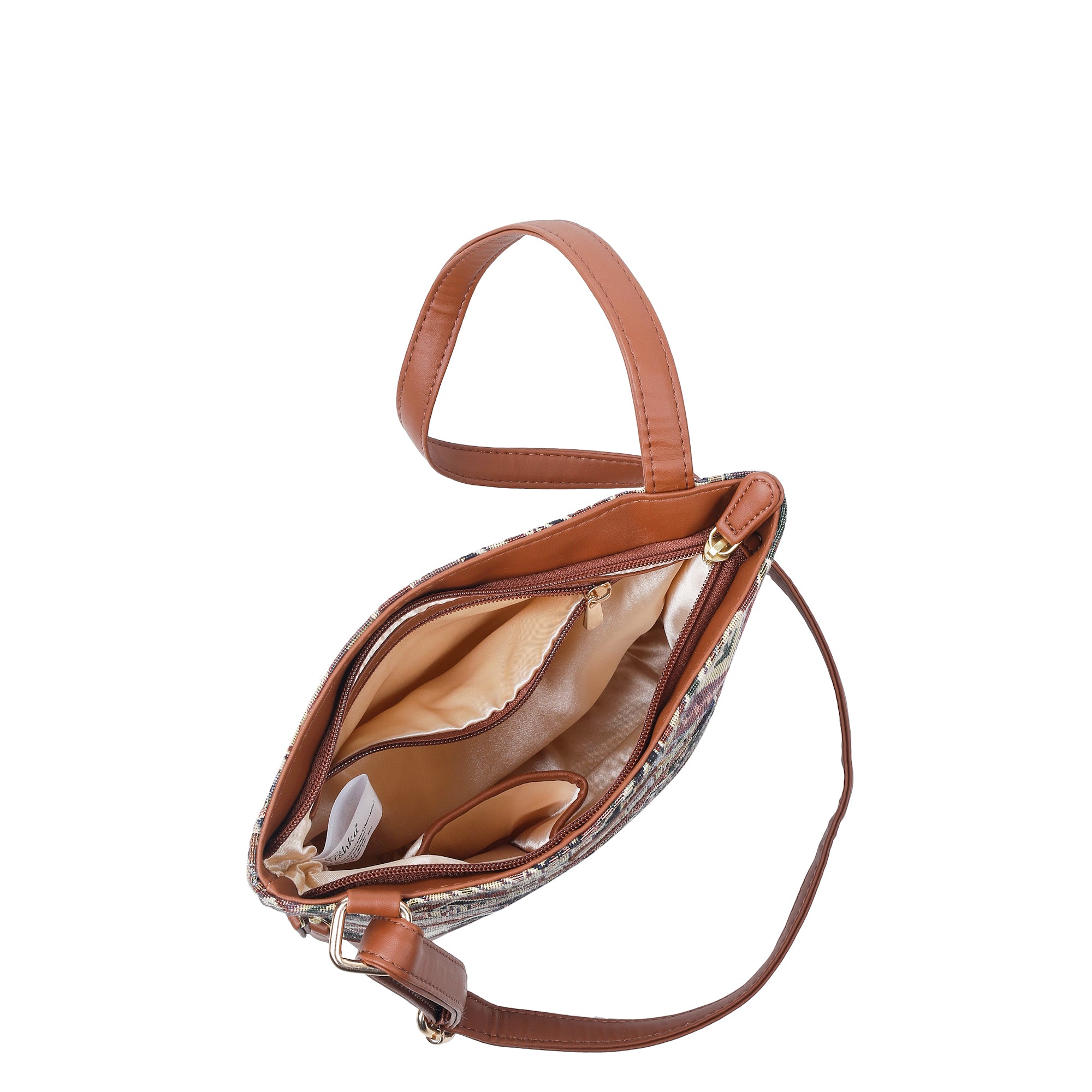 Ladies’ Geometric Tapestry Sling Bag – Crossbody & Shoulder Purse with Vegan Leather Trim & Adjustable Strap for Casual Outings