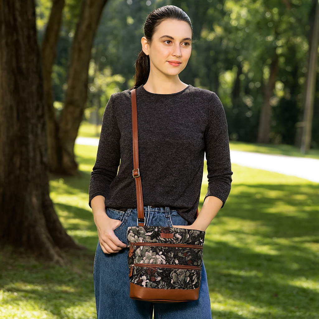 Women’s Vintage Tapestry Crossbody Sling Bag – Shoulder & Messenger Purse with Vegan Leather Trim & Adjustable Strap for Daily Use