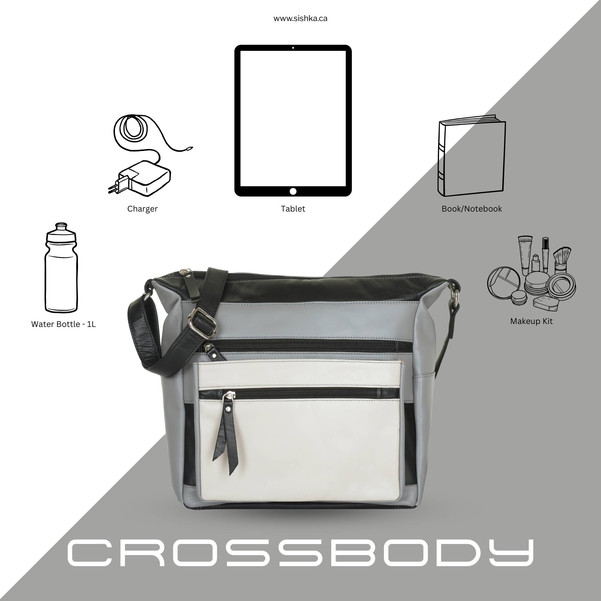 Genuine Leather Women’s Crossbody Sling Bag – Grey Ladies’ Messenger Bag– Travel Shoulder Bag for Work, Shopping & Casual