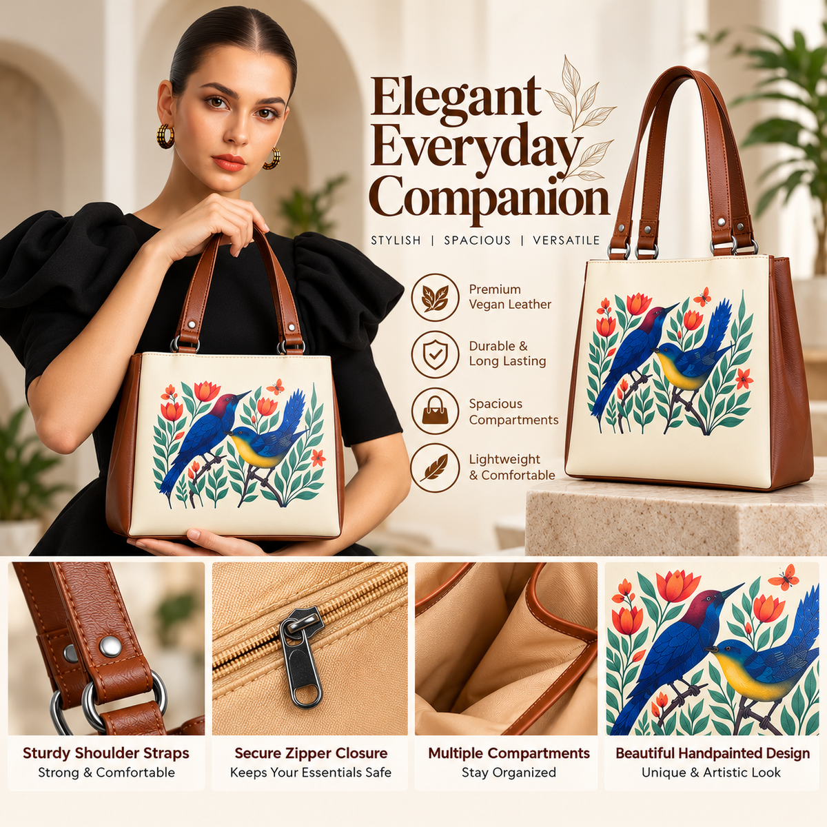 Women’s Printed Vegan Leather Tote Shoulder Bag – Multi-Compartment Handbag for Daily Use, Work & Travel