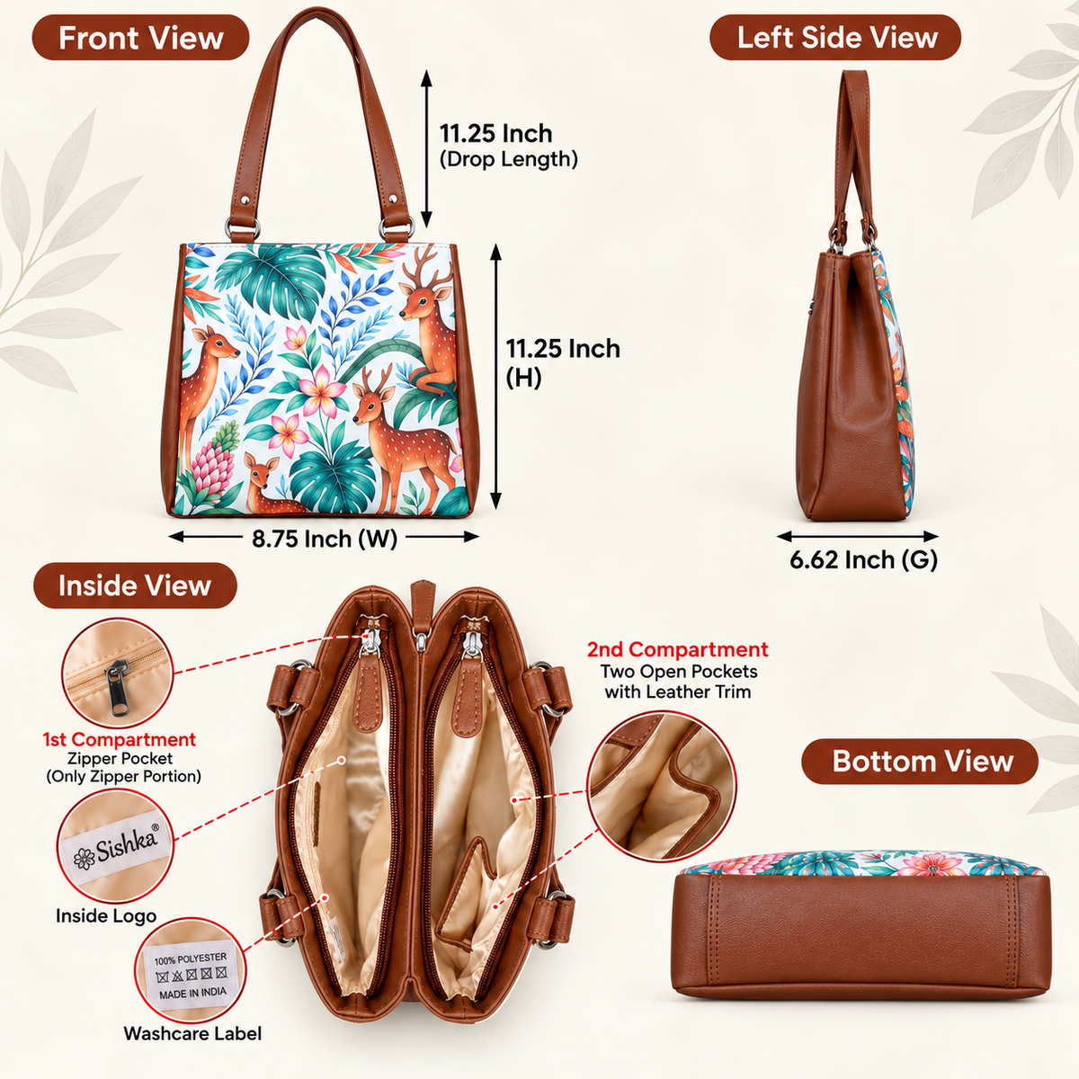 Women’s Printed Vegan Leather Tote Shoulder Bag – Multi-Compartment Handbag for Daily Use, Work & Travel