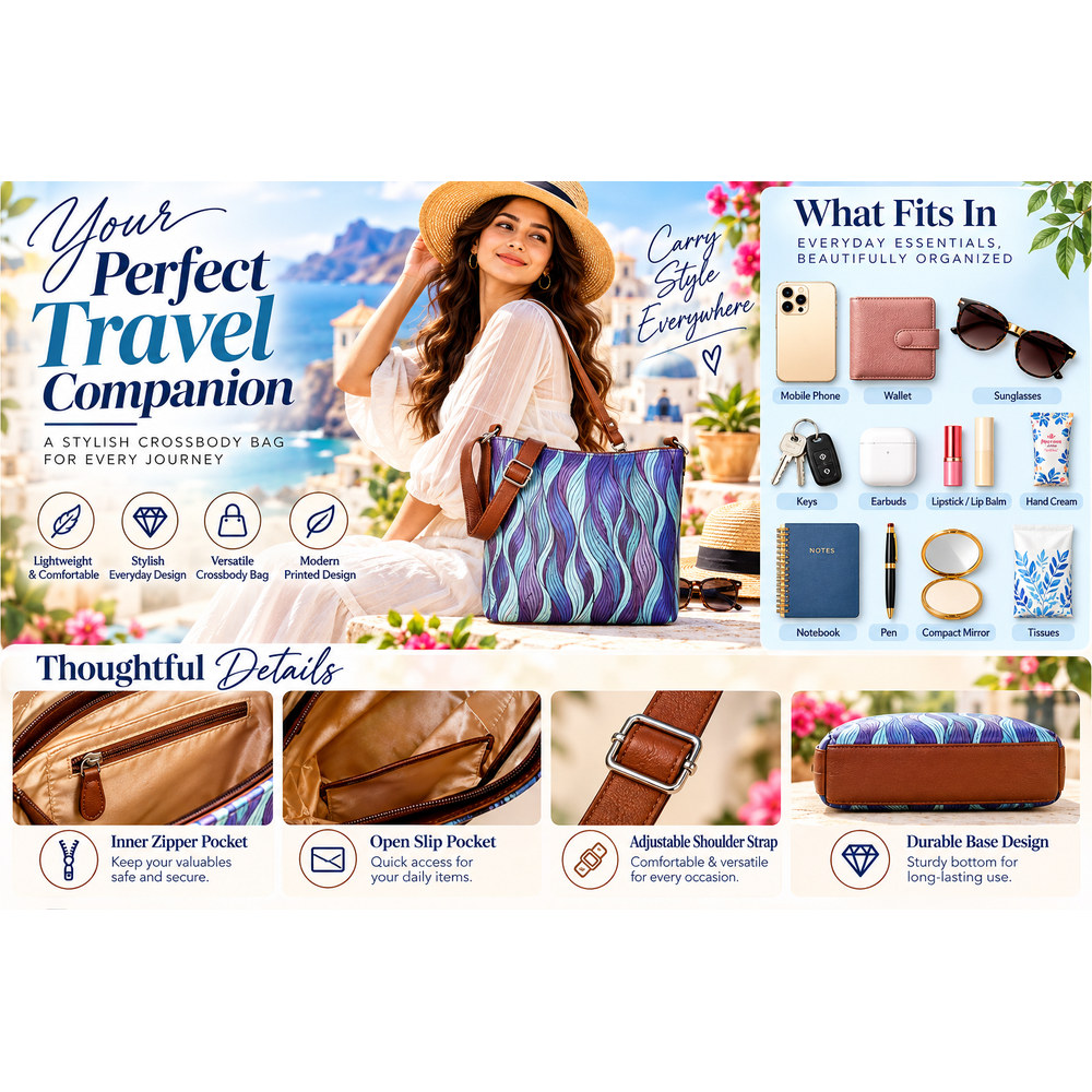 Printed Vegan Leather Crossbody Bag – Adjustable Sling & Over the Shoulder Bag for Women – Stylish Handbag & Travel Purse